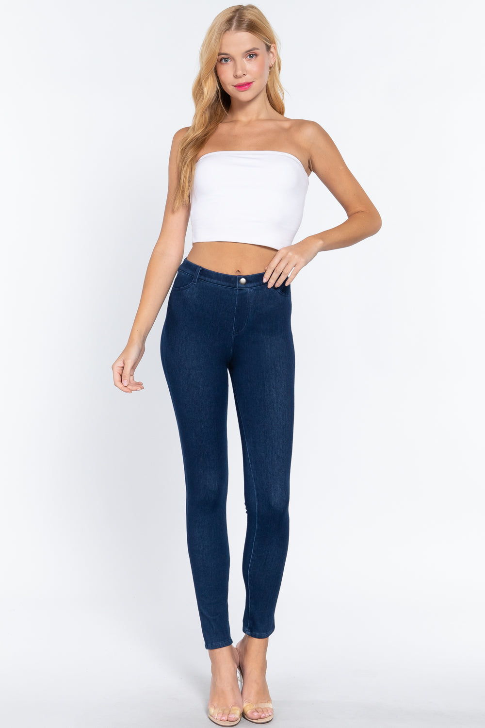 Women's Tack Button Knit Denim Full Length Blue Denim Jeggings