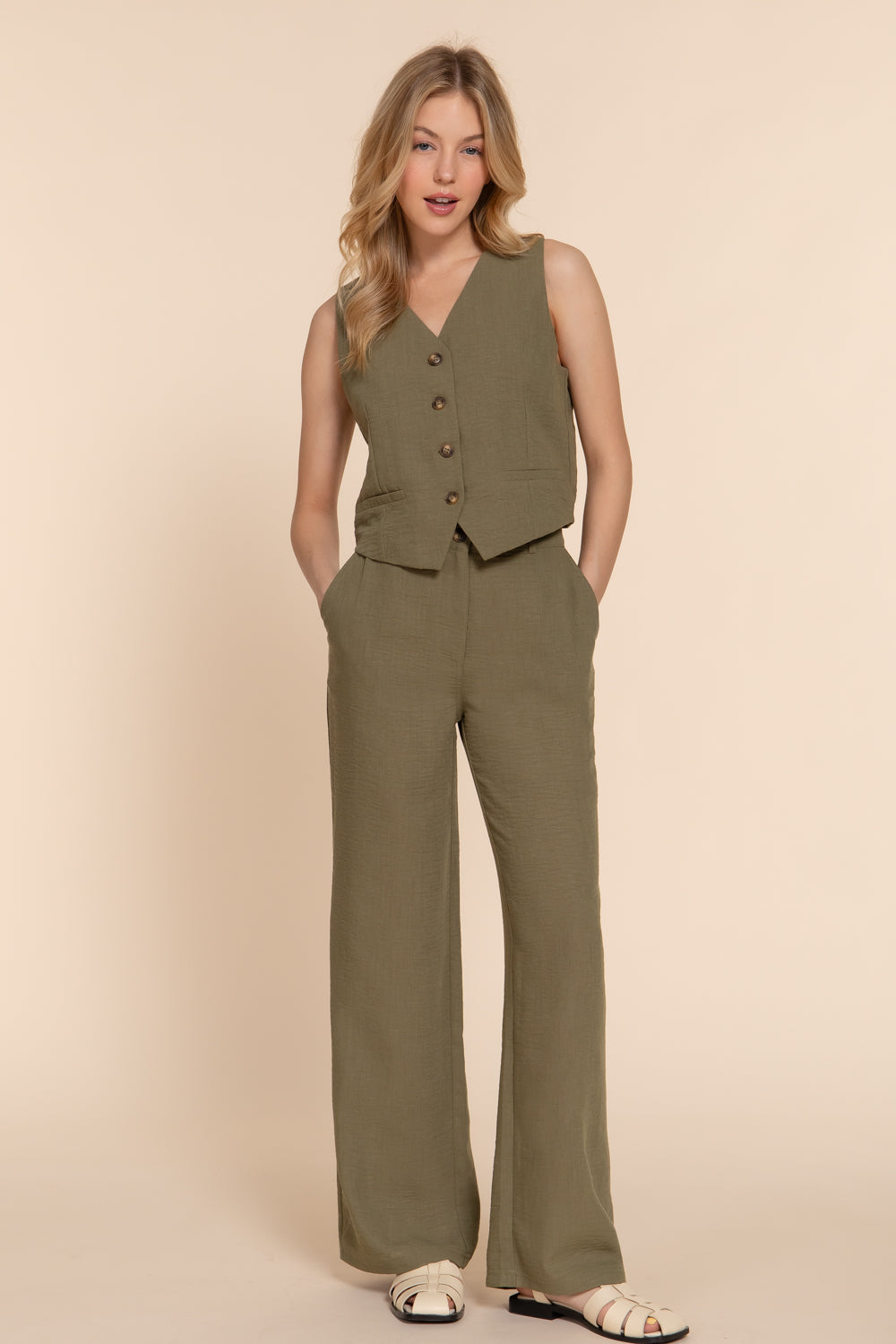 Linen Effect Vest in Olive