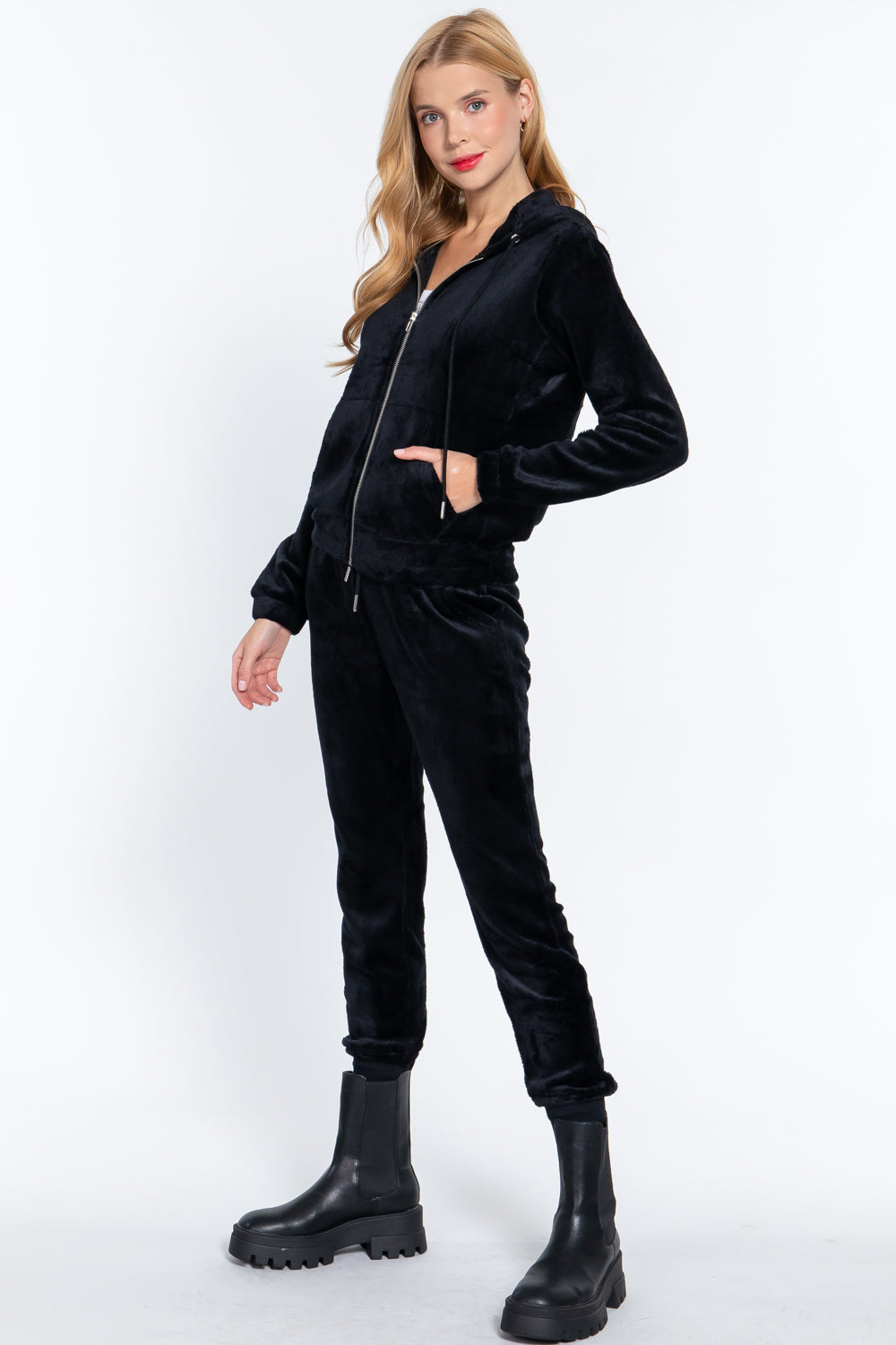Women's Long Sleeves Hoodie Drawstring Zip-Up Faux Fur Velour Jogger Pants Set