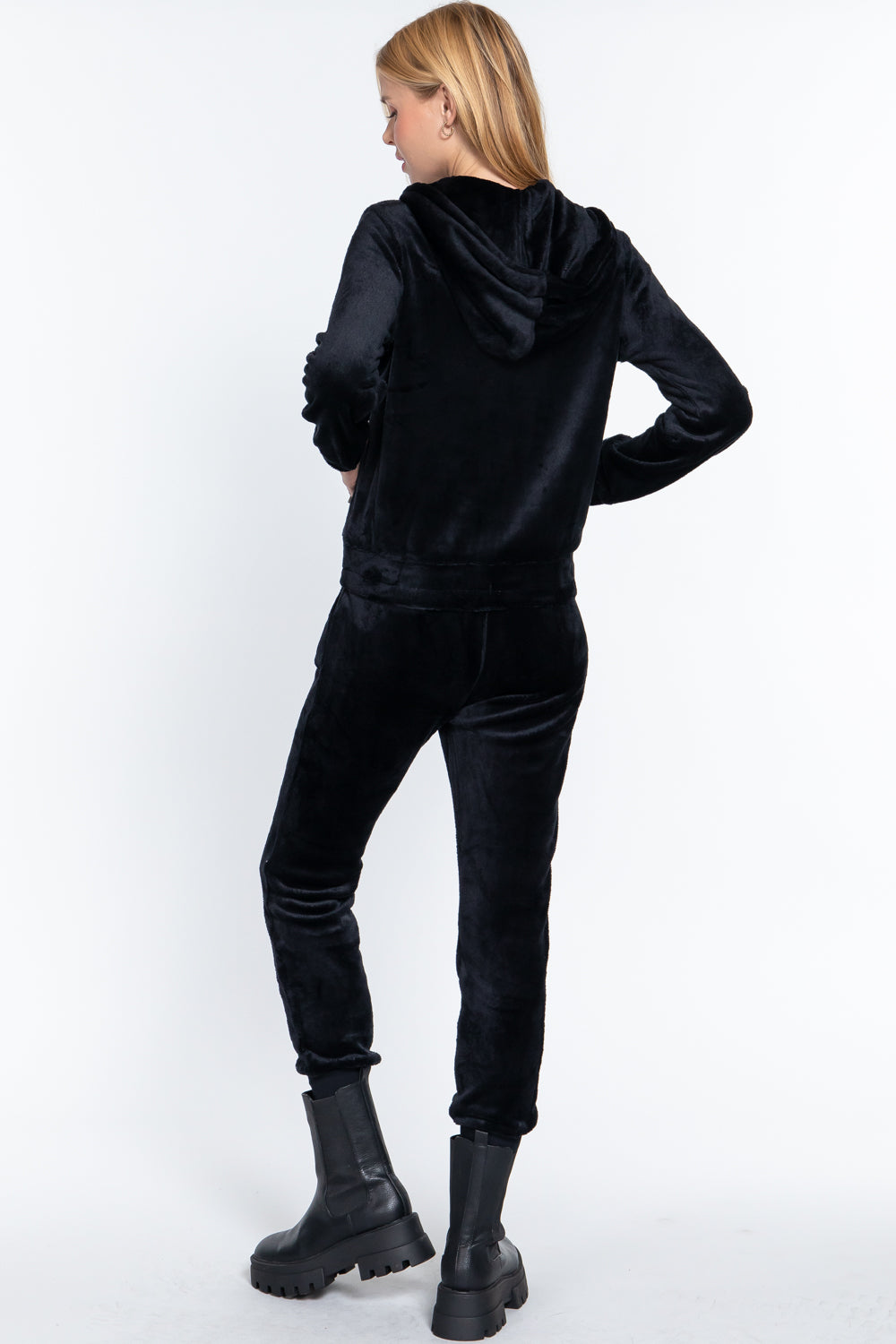 Women's Long Sleeves Hoodie Drawstring Zip-Up Faux Fur Velour Jogger Pants Set