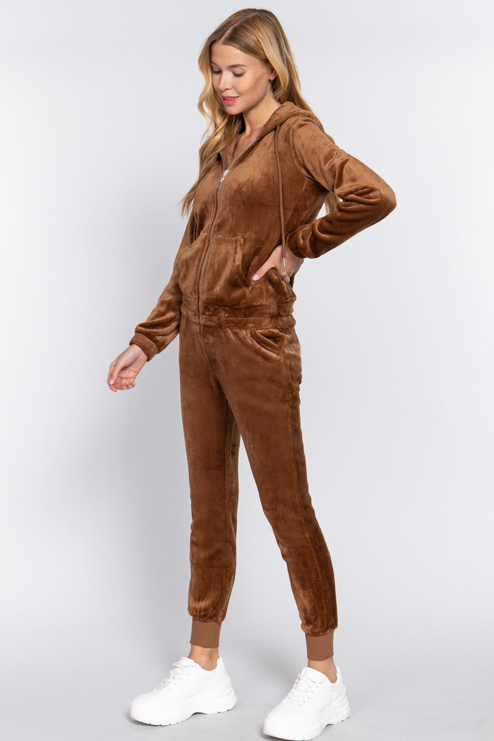 Women's Long Sleeves Hoodie Drawstring Zip-Up Faux Fur Velour Jogger Pants Set