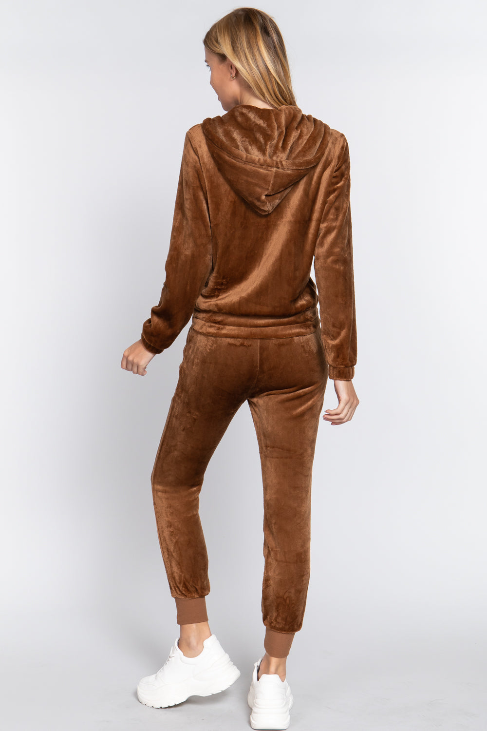 Women's Long Sleeves Hoodie Drawstring Zip-Up Faux Fur Velour Jogger Pants Set