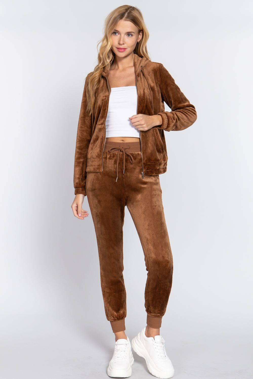 Women's Long Sleeves Hoodie Drawstring Zip-Up Faux Fur Velour Jogger Pants Set