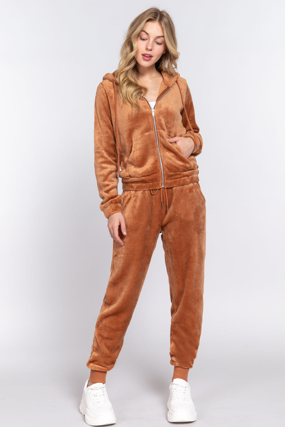Women's Long Sleeves Hoodie Drawstring Zip-Up Faux Fur Velour Jogger Pants Set