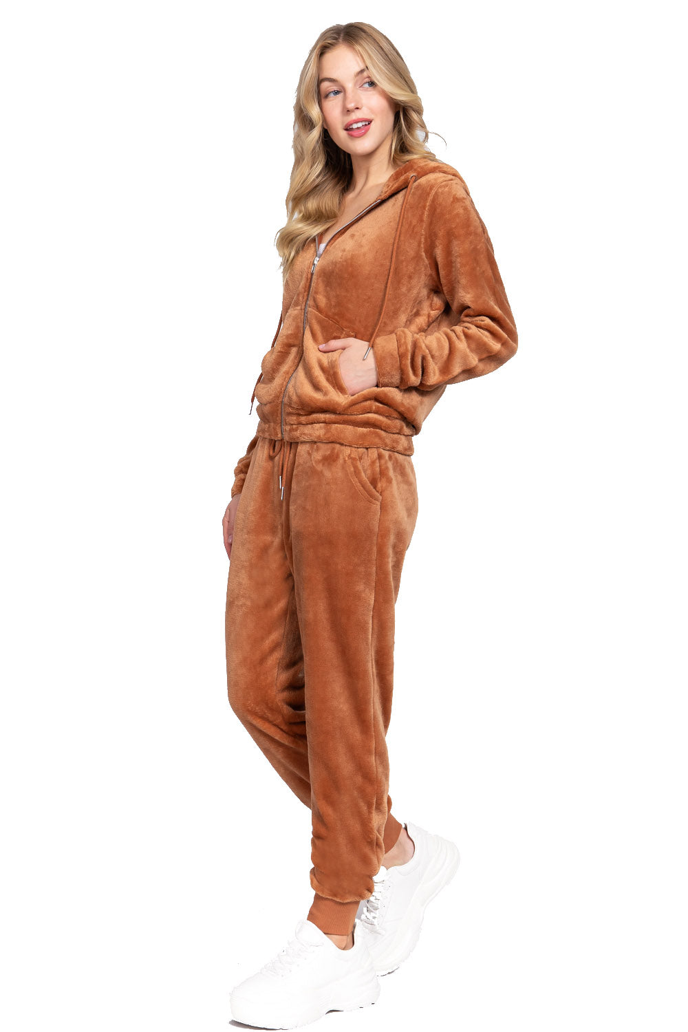Women's Long Sleeves Hoodie Drawstring Zip-Up Faux Fur Velour Jogger Pants Set