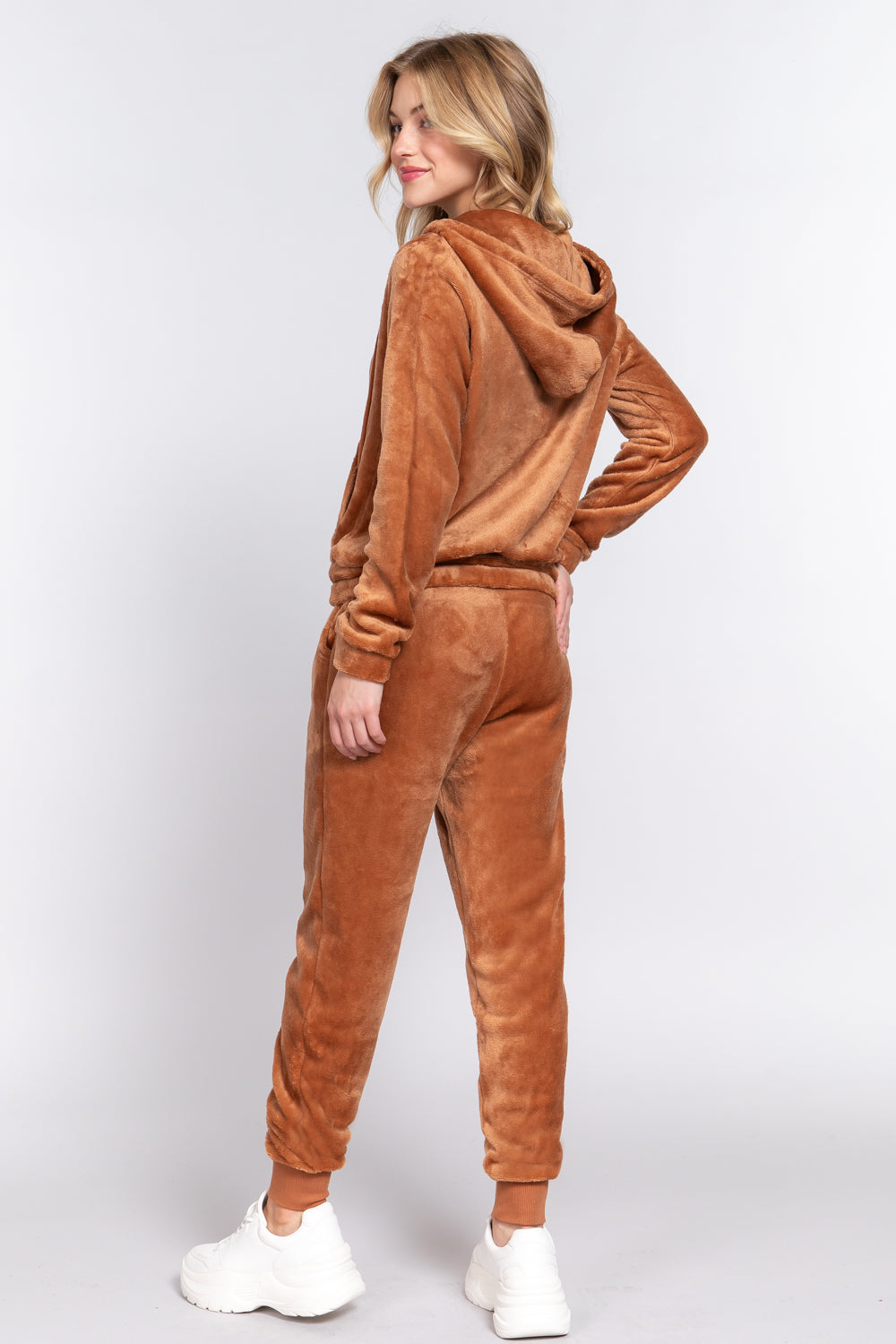 Women's Long Sleeves Hoodie Drawstring Zip-Up Faux Fur Velour Jogger Pants Set
