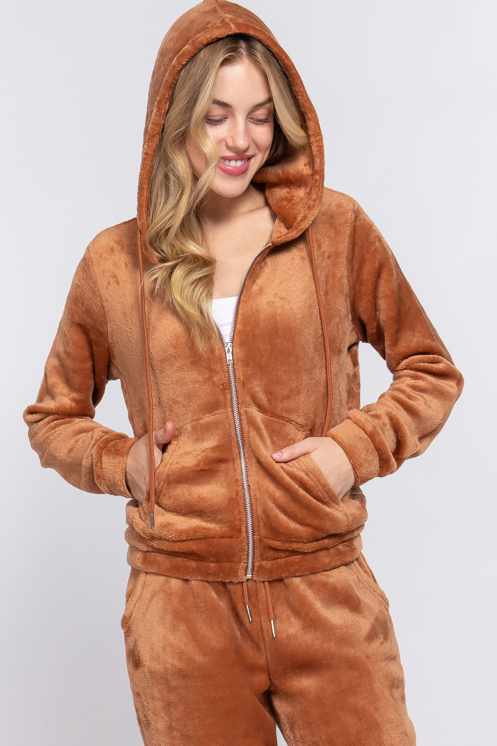 Women's Long Sleeves Hoodie Drawstring Zip-Up Faux Fur Velour Jogger Pants Set