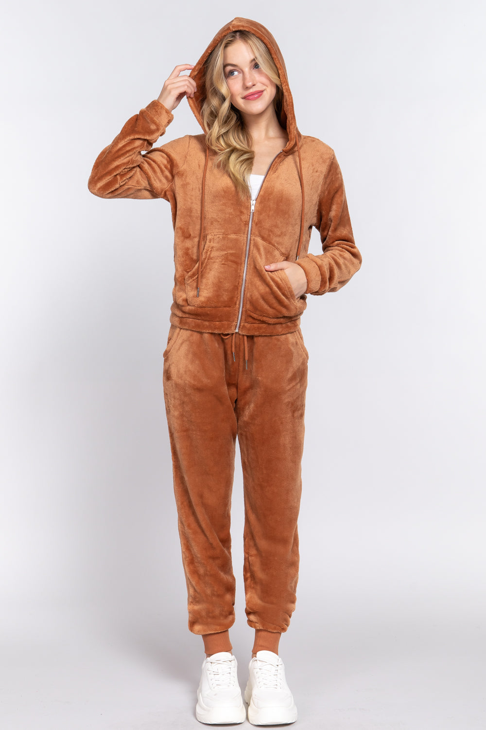 Women's Long Sleeves Hoodie Drawstring Zip-Up Faux Fur Velour Jogger Pants Set