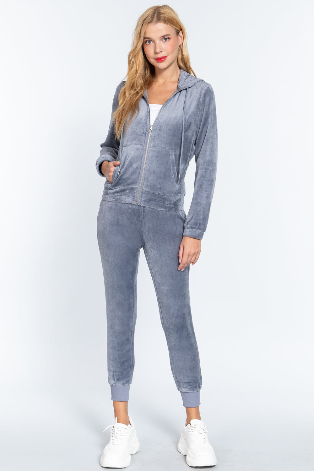 Women's Long Sleeves Hoodie Drawstring Zip-Up Faux Fur Velour Jogger Pants Set