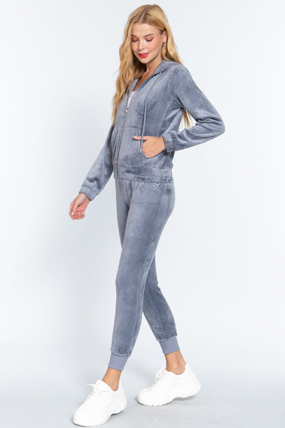 Women's Long Sleeves Hoodie Drawstring Zip-Up Faux Fur Velour Jogger Pants Set