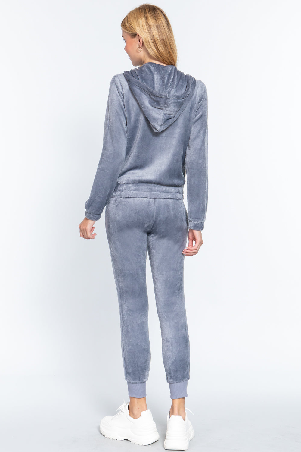 Women's Long Sleeves Hoodie Drawstring Zip-Up Faux Fur Velour Jogger Pants Set