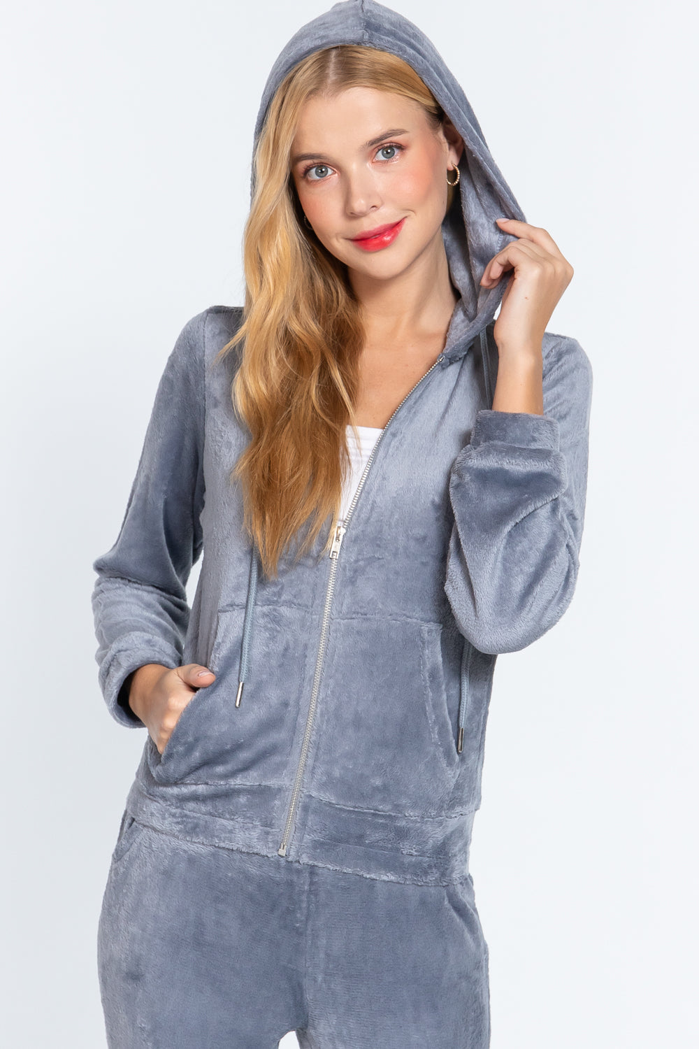 Women's Long Sleeves Hoodie Drawstring Zip-Up Faux Fur Velour Jogger Pants Set