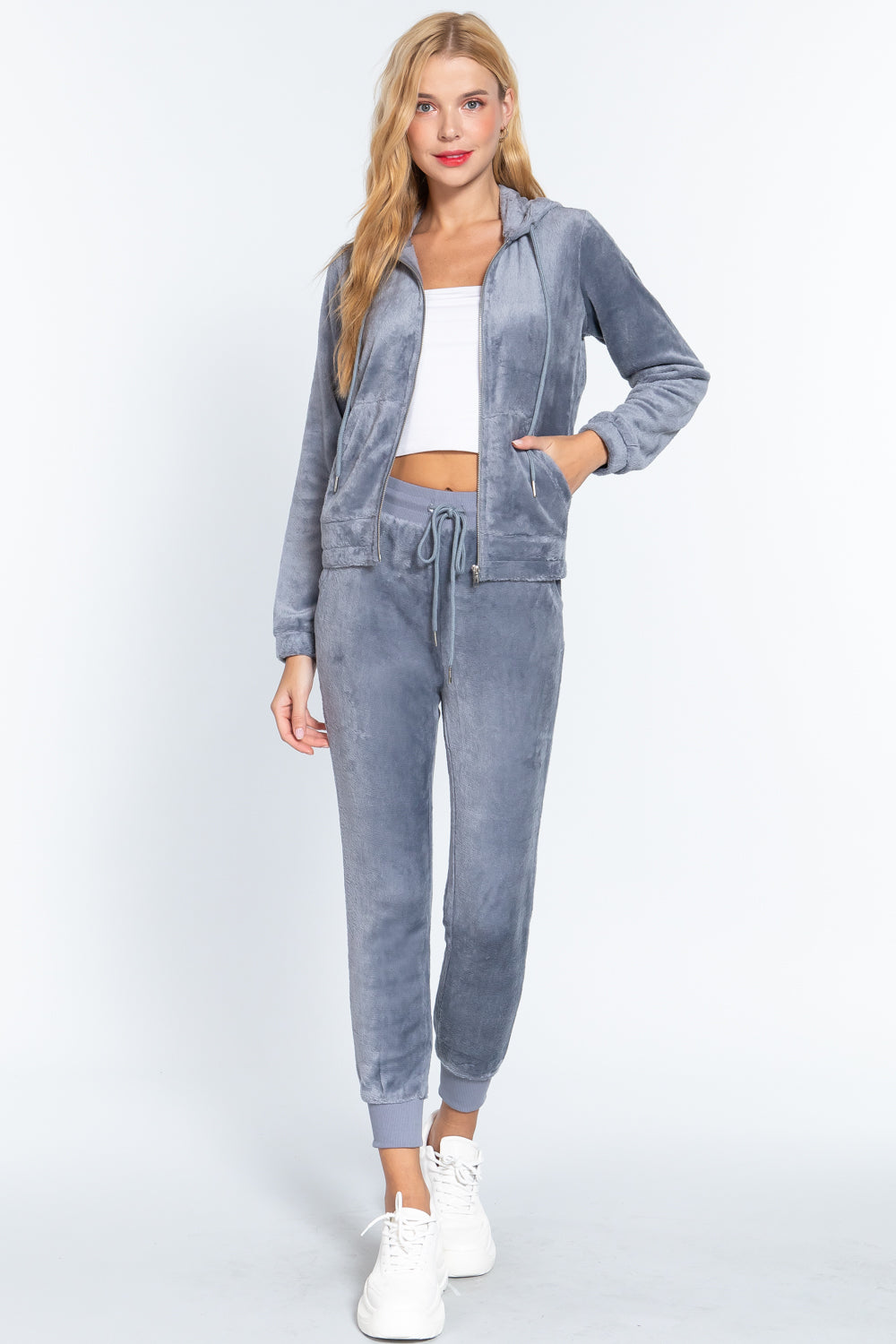 Women's Long Sleeves Hoodie Drawstring Zip-Up Faux Fur Velour Jogger Pants Set