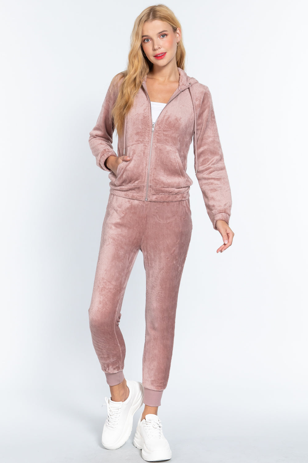 Women's Long Sleeves Hoodie Drawstring Zip-Up Faux Fur Velour Jogger Pants Set