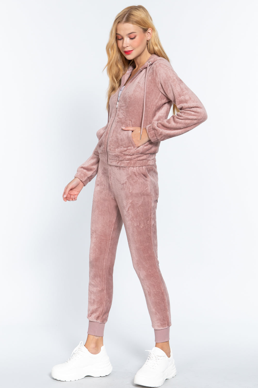 Women's Long Sleeves Hoodie Drawstring Zip-Up Faux Fur Velour Jogger Pants Set