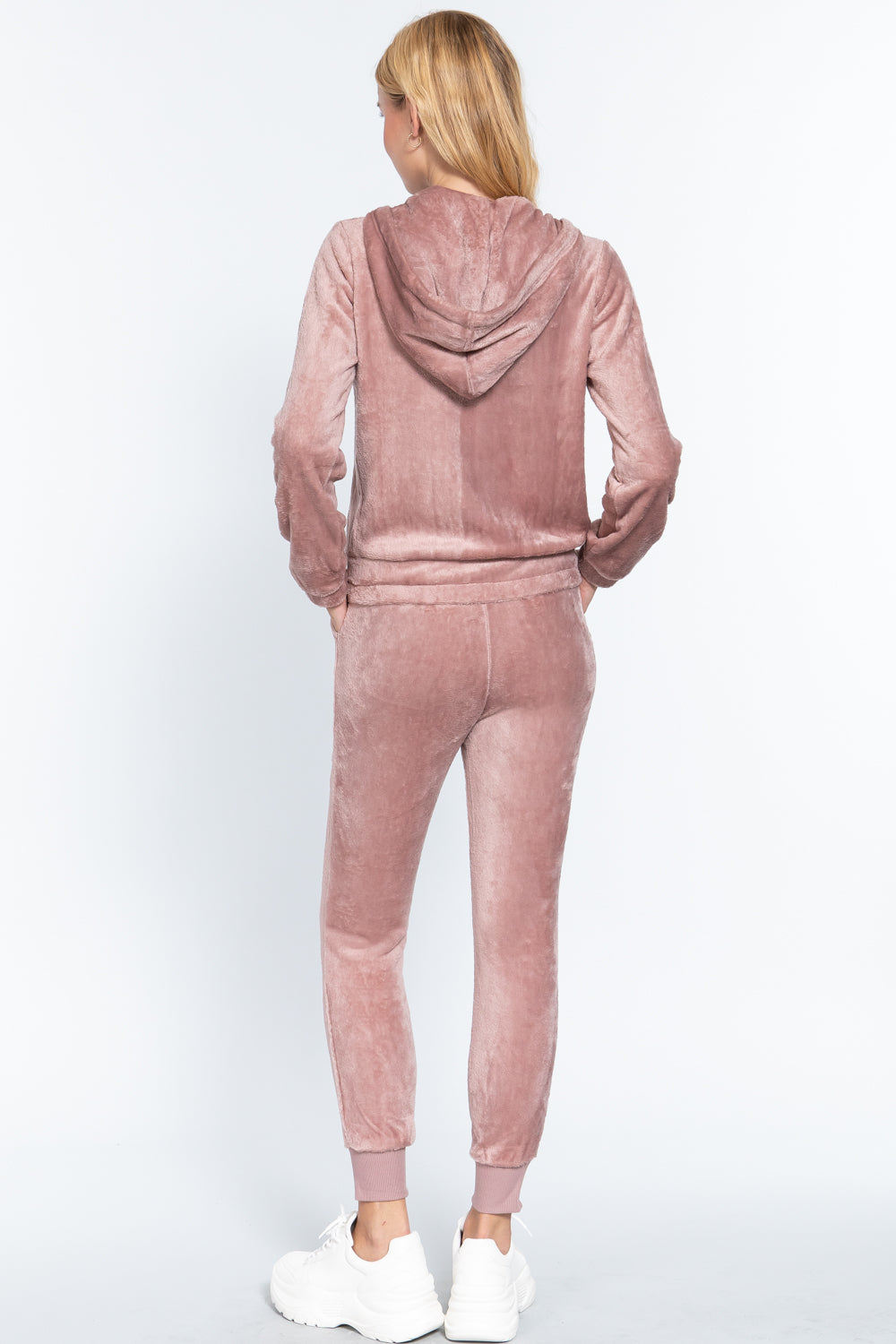 Women's Long Sleeves Hoodie Drawstring Zip-Up Faux Fur Velour Jogger Pants Set
