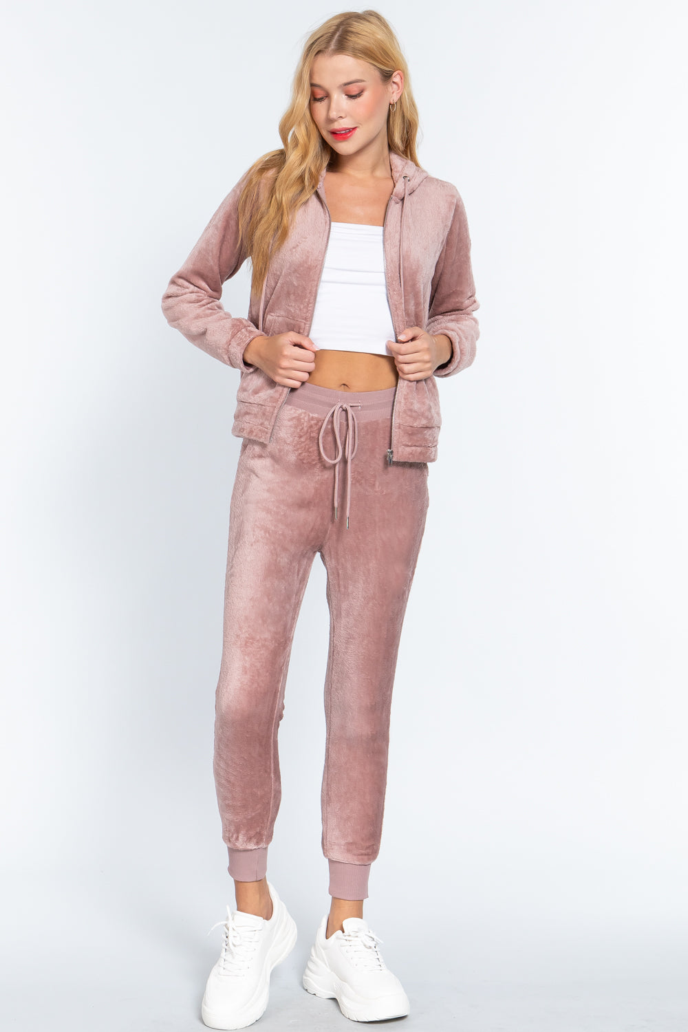 Women's Long Sleeves Hoodie Drawstring Zip-Up Faux Fur Velour Jogger Pants Set