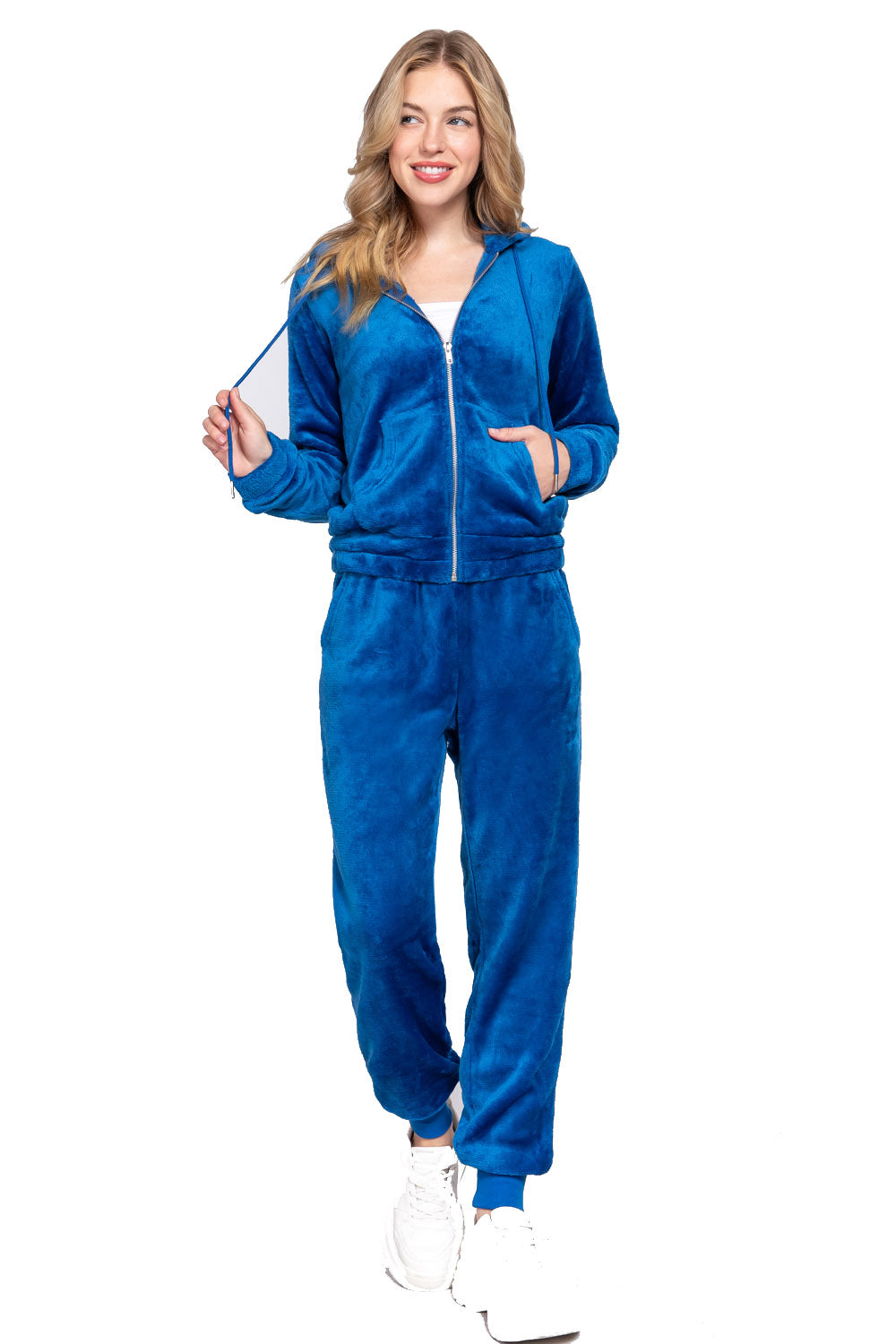 Women's Long Sleeves Hoodie Drawstring Zip-Up Faux Fur Velour Jogger Pants Set