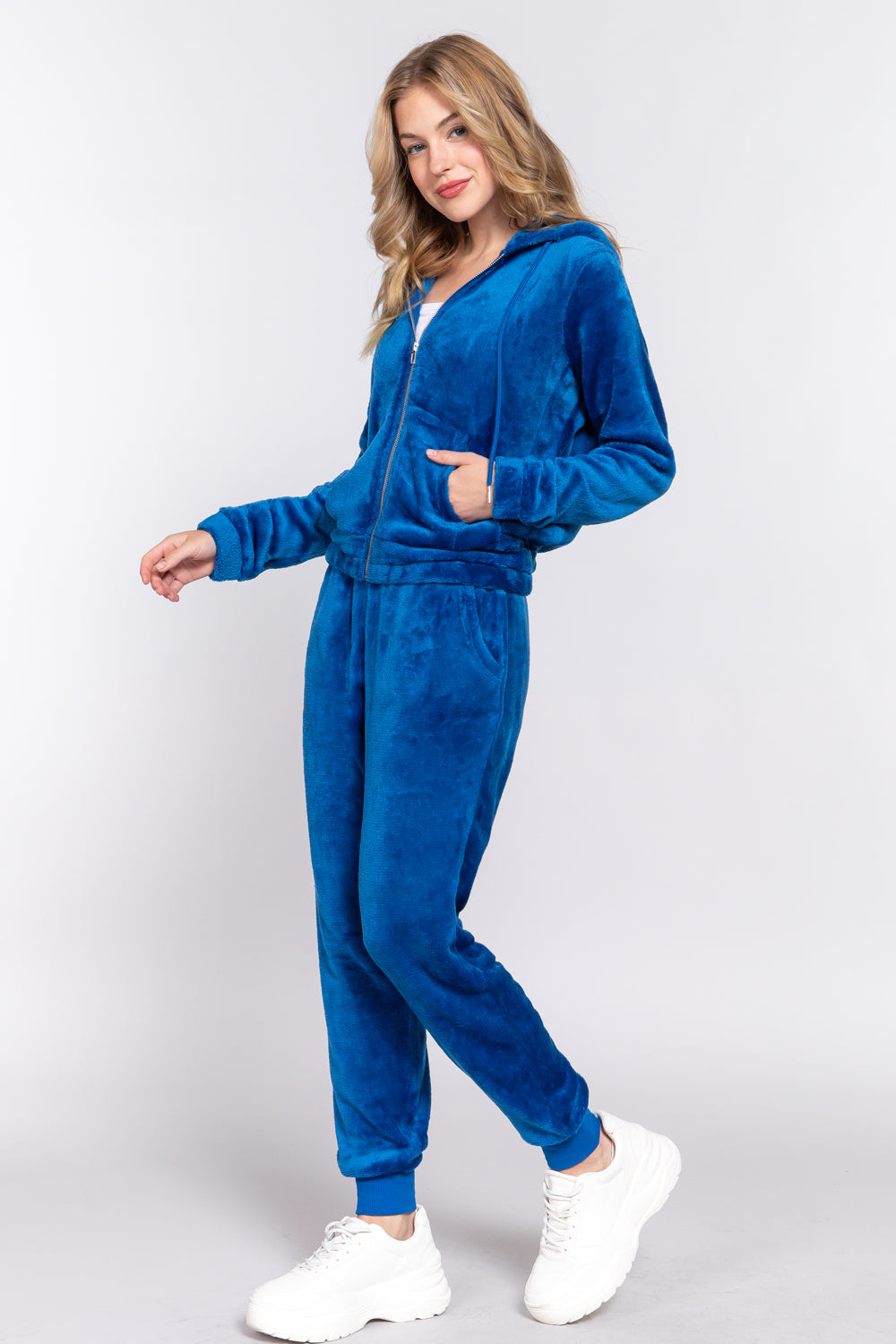 Women's Long Sleeves Hoodie Drawstring Zip-Up Faux Fur Velour Jogger Pants Set
