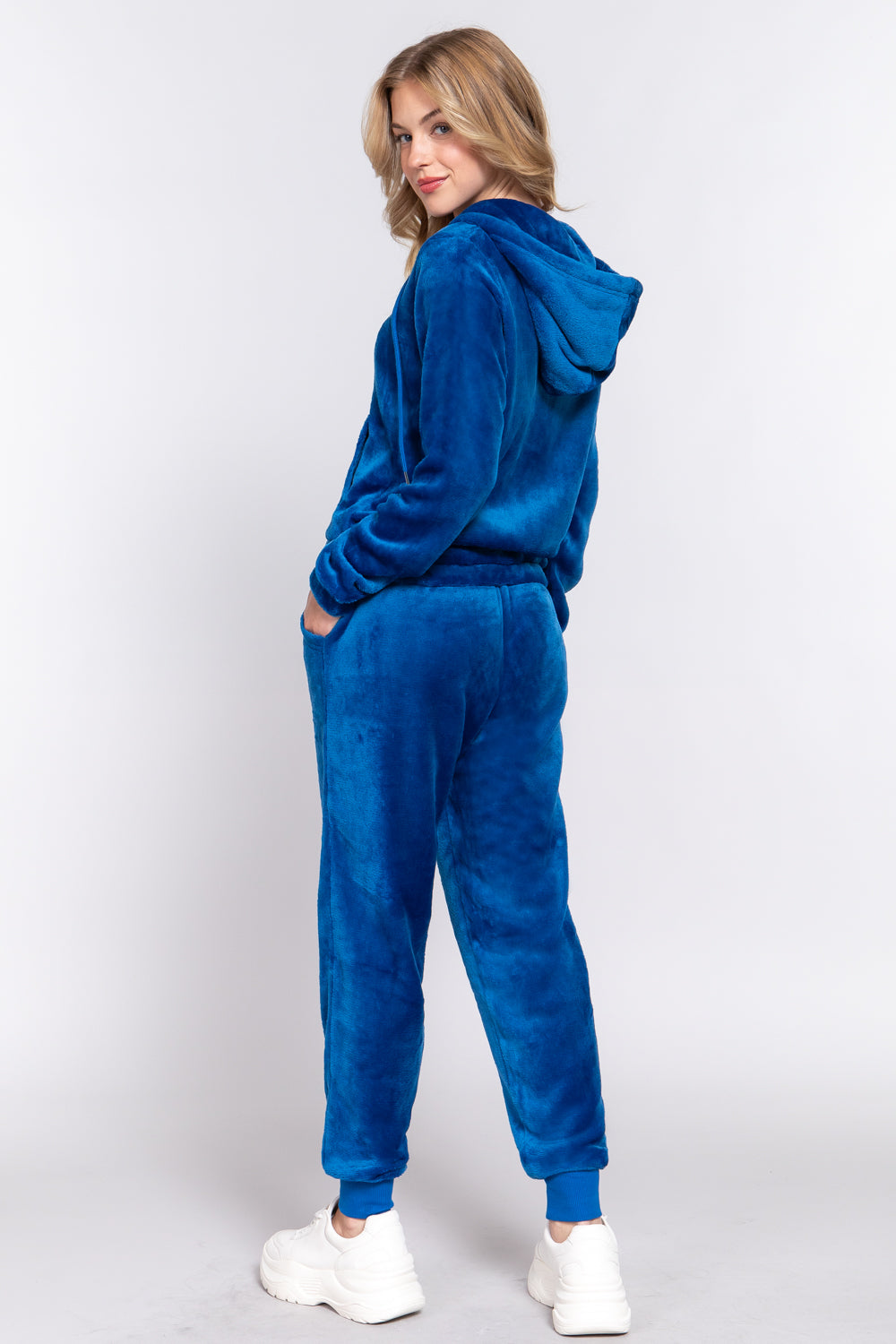 Women's Long Sleeves Hoodie Drawstring Zip-Up Faux Fur Velour Jogger Pants Set