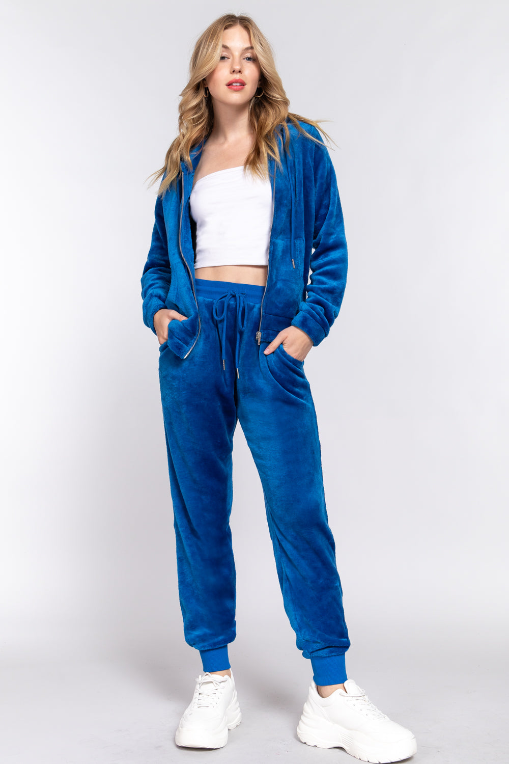 Women's Long Sleeves Hoodie Drawstring Zip-Up Faux Fur Velour Jogger Pants Set