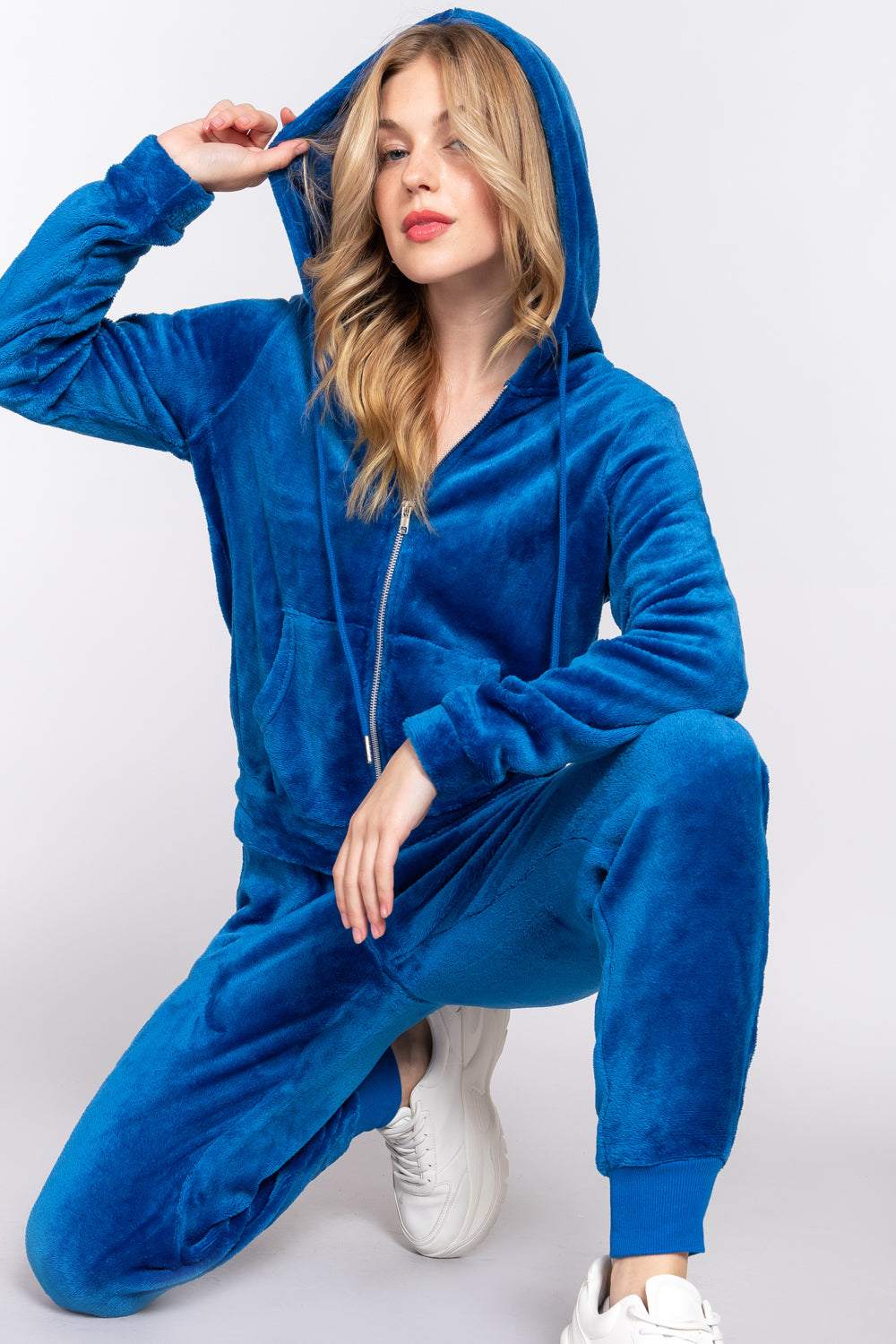 Women's Long Sleeves Hoodie Drawstring Zip-Up Faux Fur Velour Jogger Pants Set