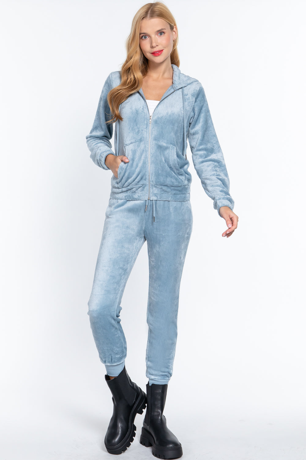 Women's Long Sleeves Hoodie Drawstring Zip-Up Faux Fur Velour Jogger Pants Set