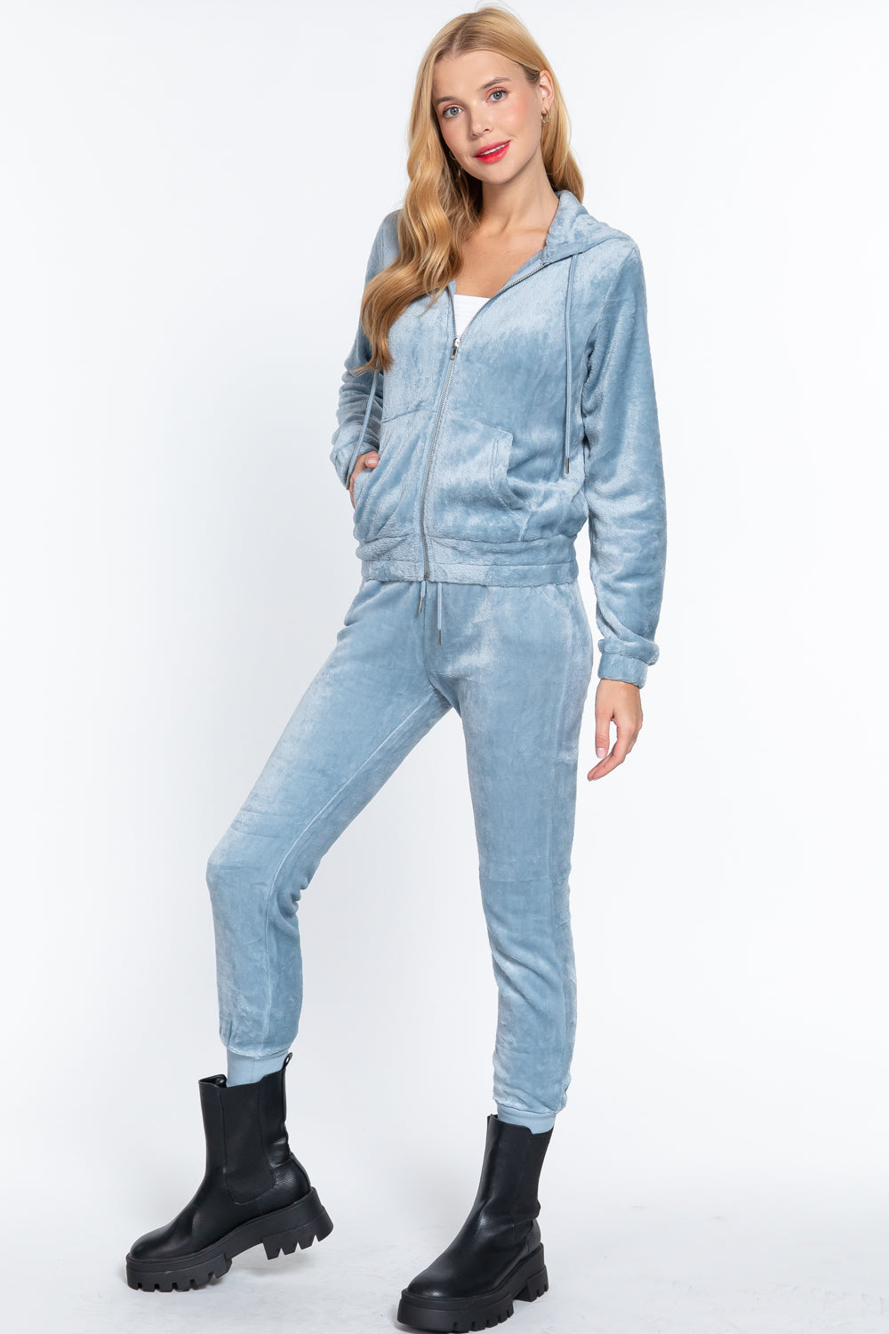 Women's Long Sleeves Hoodie Drawstring Zip-Up Faux Fur Velour Jogger Pants Set