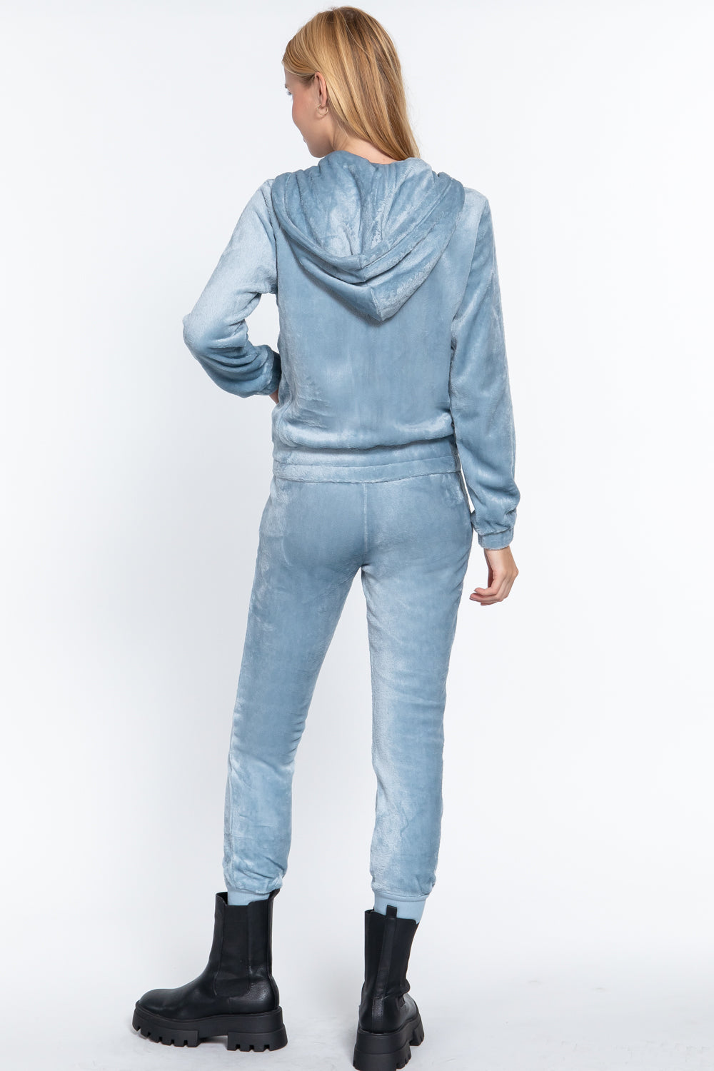 Women's Long Sleeves Hoodie Drawstring Zip-Up Faux Fur Velour Jogger Pants Set