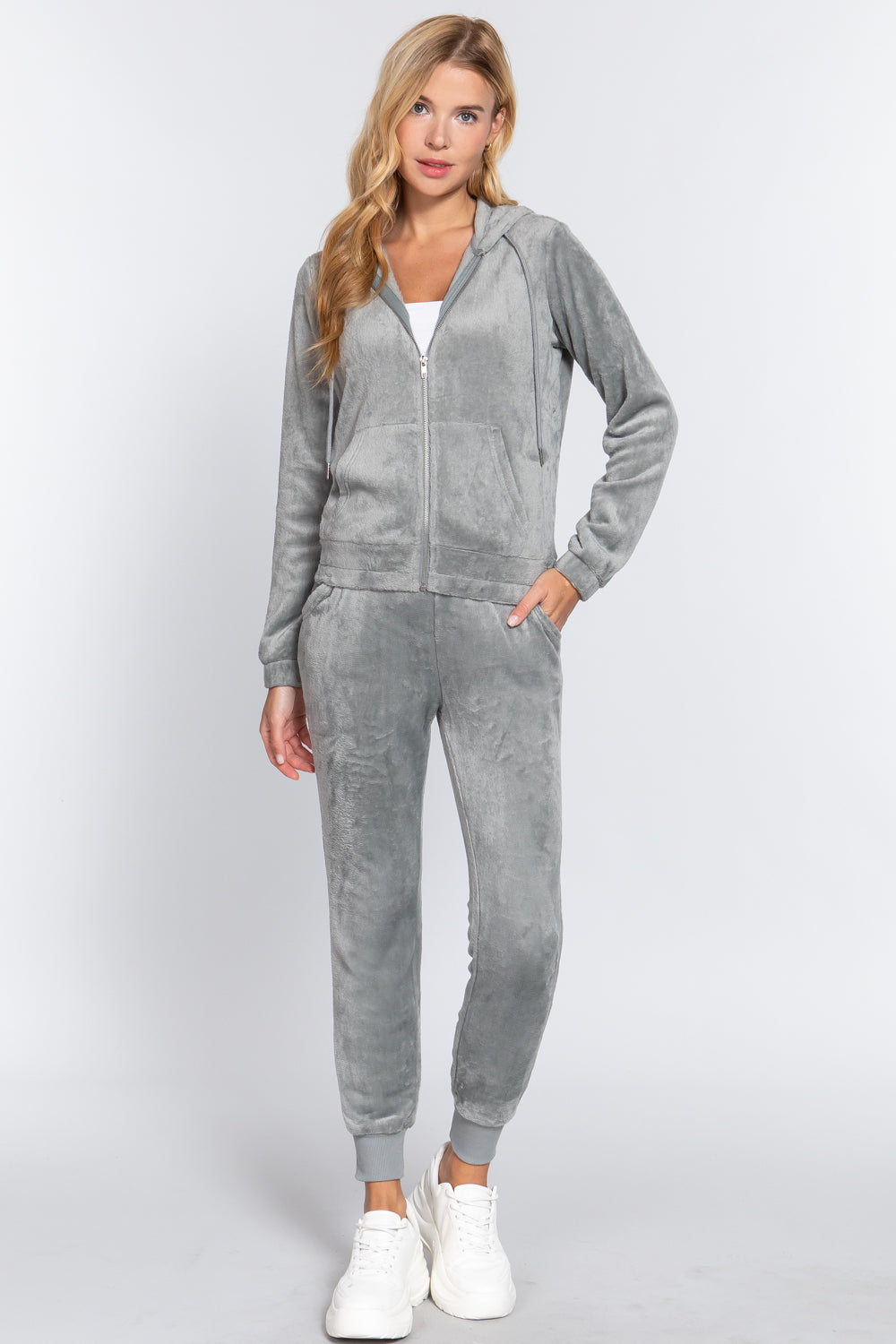 Women's Long Sleeves Hoodie Drawstring Zip-Up Faux Fur Velour Jogger Pants Set