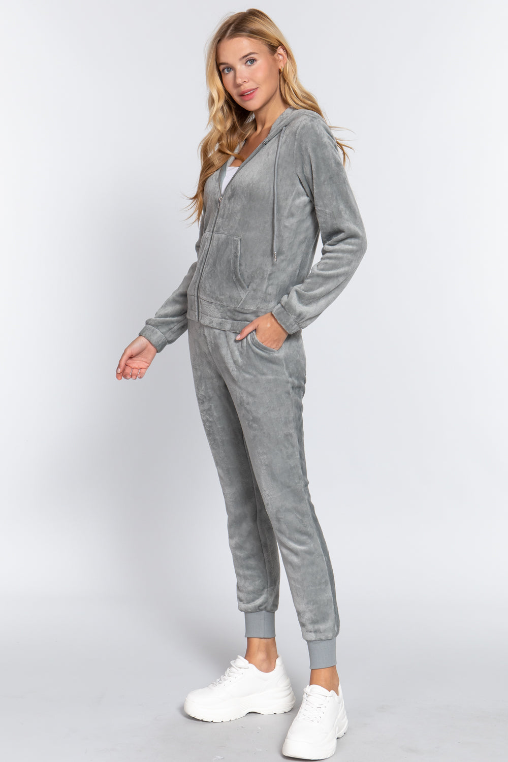 Women's Long Sleeves Hoodie Drawstring Zip-Up Faux Fur Velour Jogger Pants Set