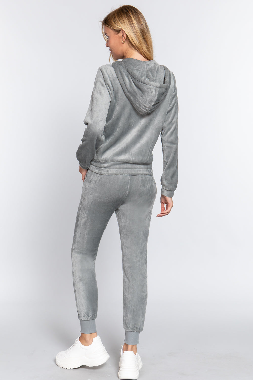 Women's Long Sleeves Hoodie Drawstring Zip-Up Faux Fur Velour Jogger Pants Set
