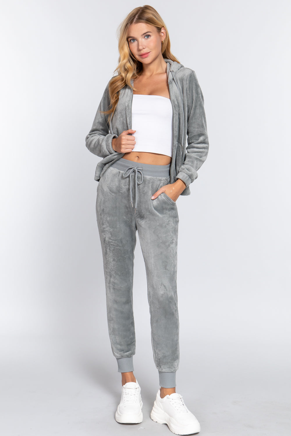 Women's Long Sleeves Hoodie Drawstring Zip-Up Faux Fur Velour Jogger Pants Set