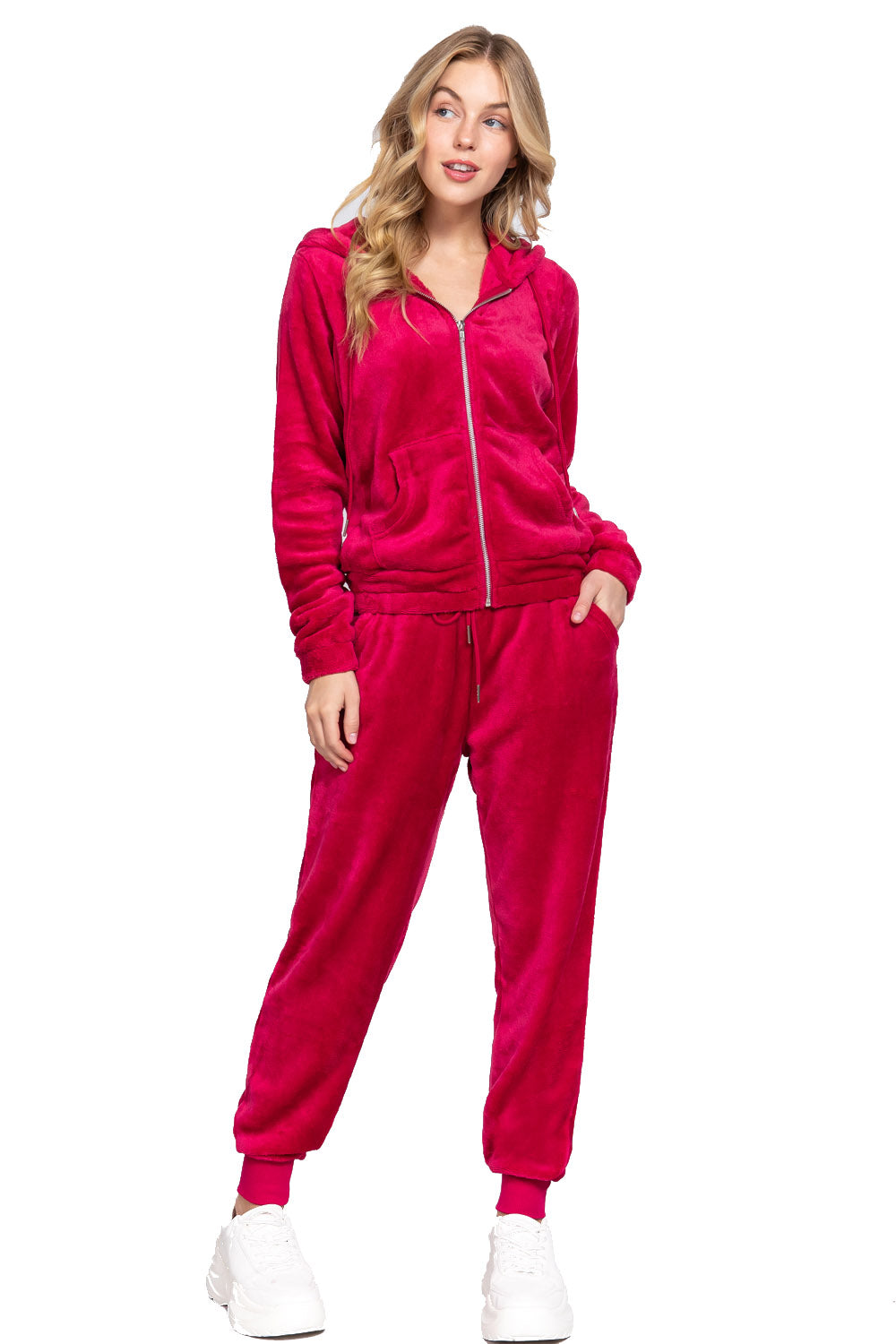 Women's Long Sleeves Hoodie Drawstring Zip-Up Faux Fur Velour Jogger Pants Set