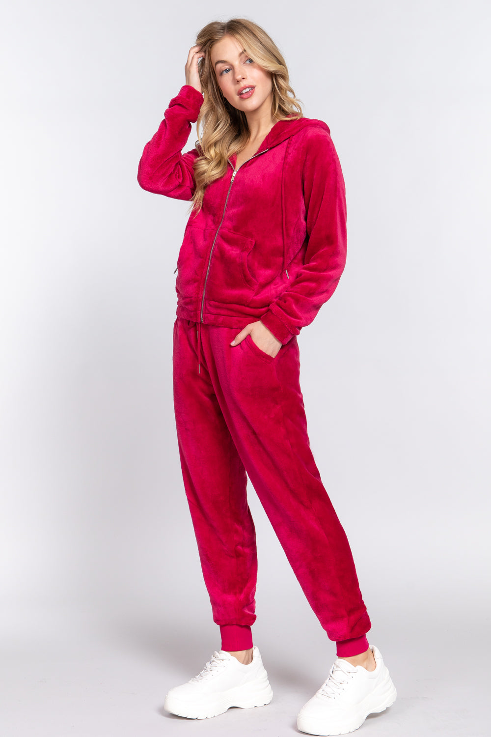 Women's Long Sleeves Hoodie Drawstring Zip-Up Faux Fur Velour Jogger Pants Set