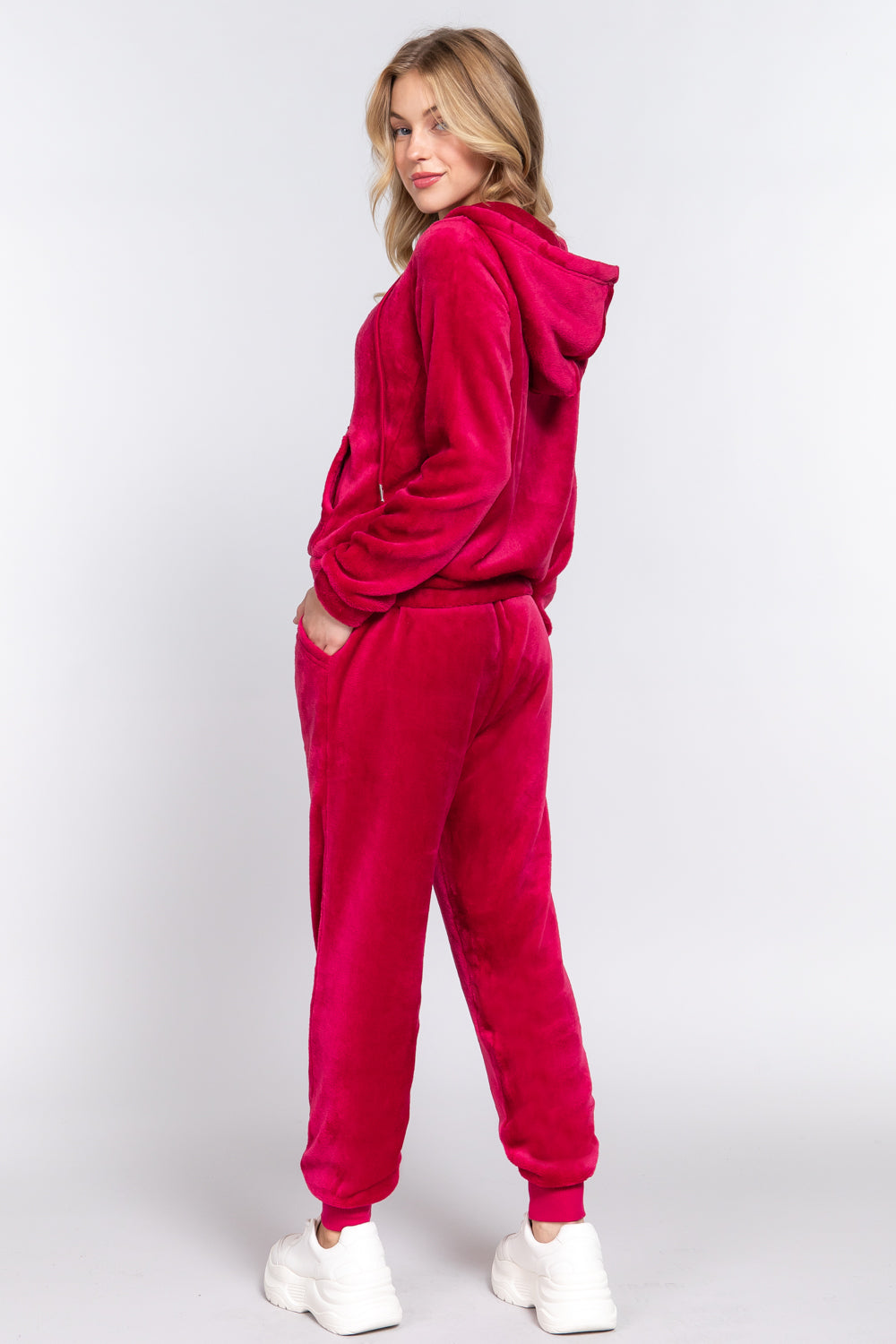 Women's Long Sleeves Hoodie Drawstring Zip-Up Faux Fur Velour Jogger Pants Set