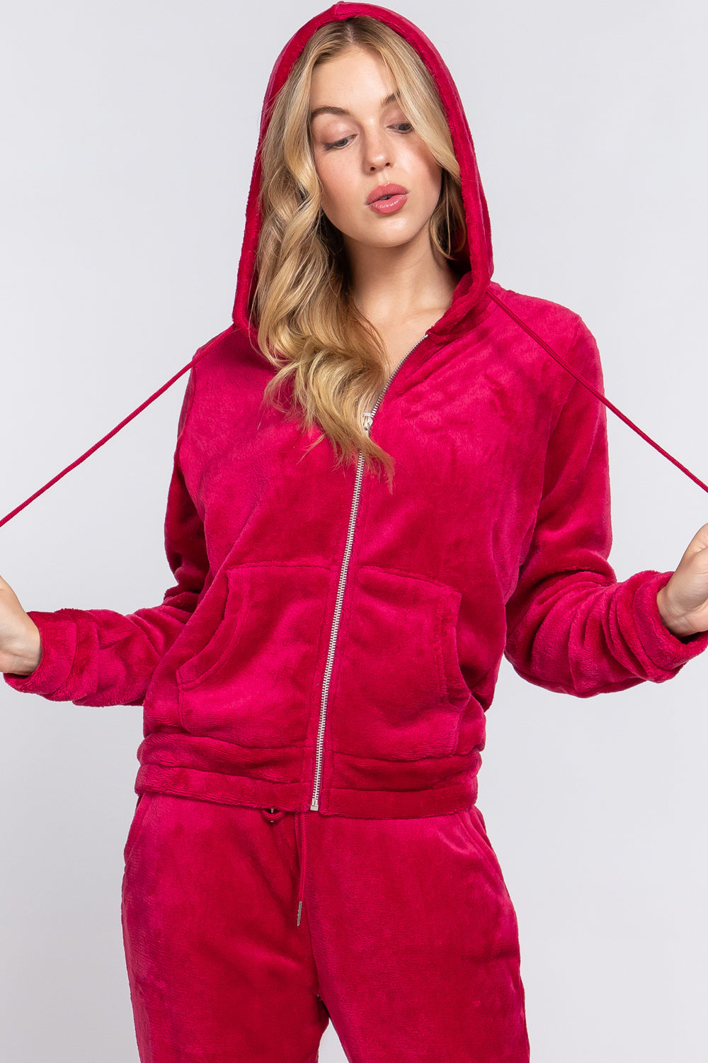 Women's Long Sleeves Hoodie Drawstring Zip-Up Faux Fur Velour Jogger Pants Set