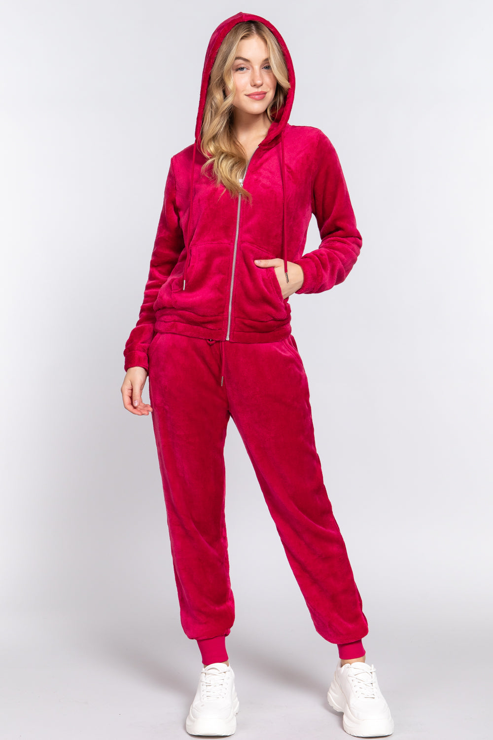 Women's Long Sleeves Hoodie Drawstring Zip-Up Faux Fur Velour Jogger Pants Set