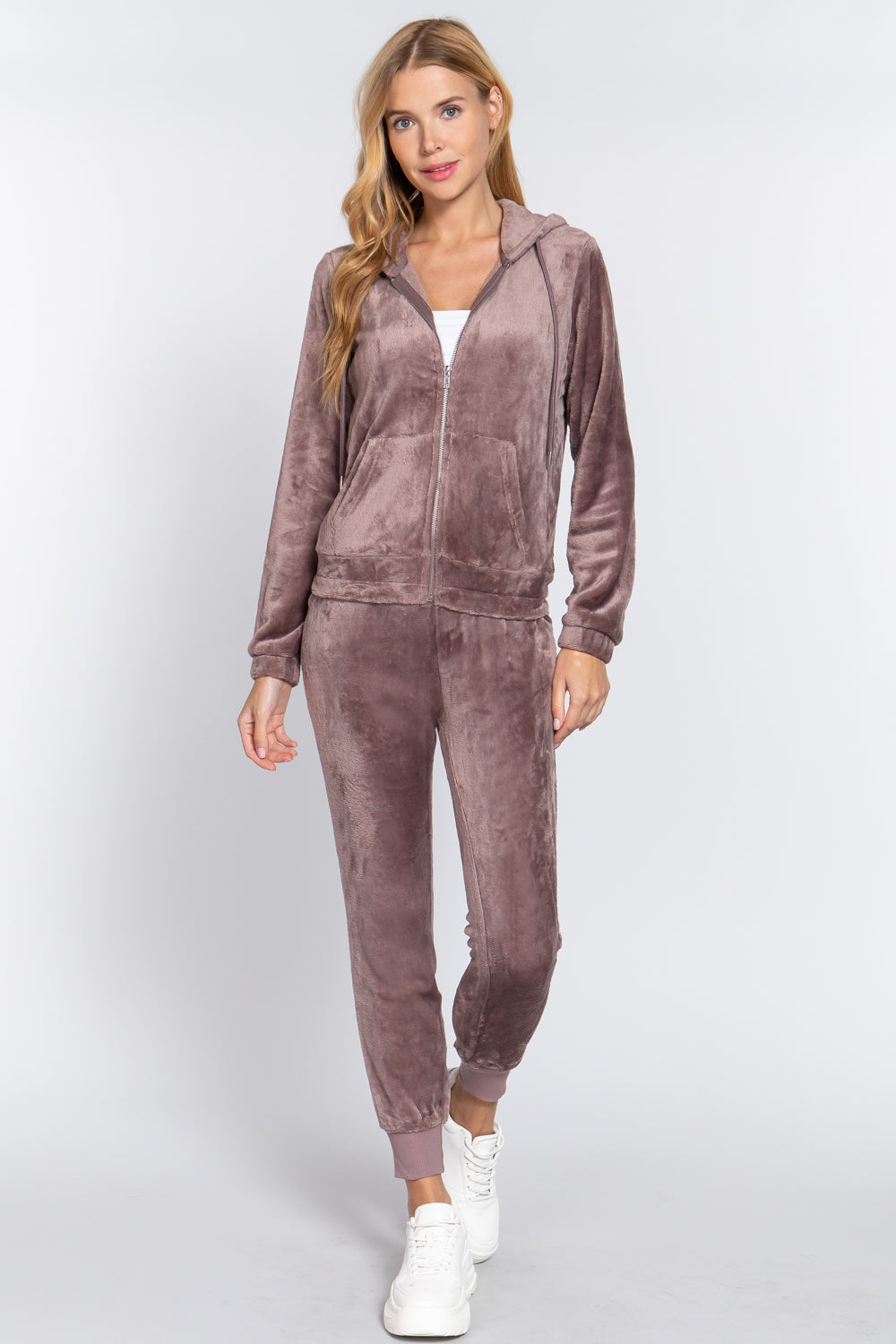 Women's Long Sleeves Hoodie Drawstring Zip-Up Faux Fur Velour Jogger Pants Set