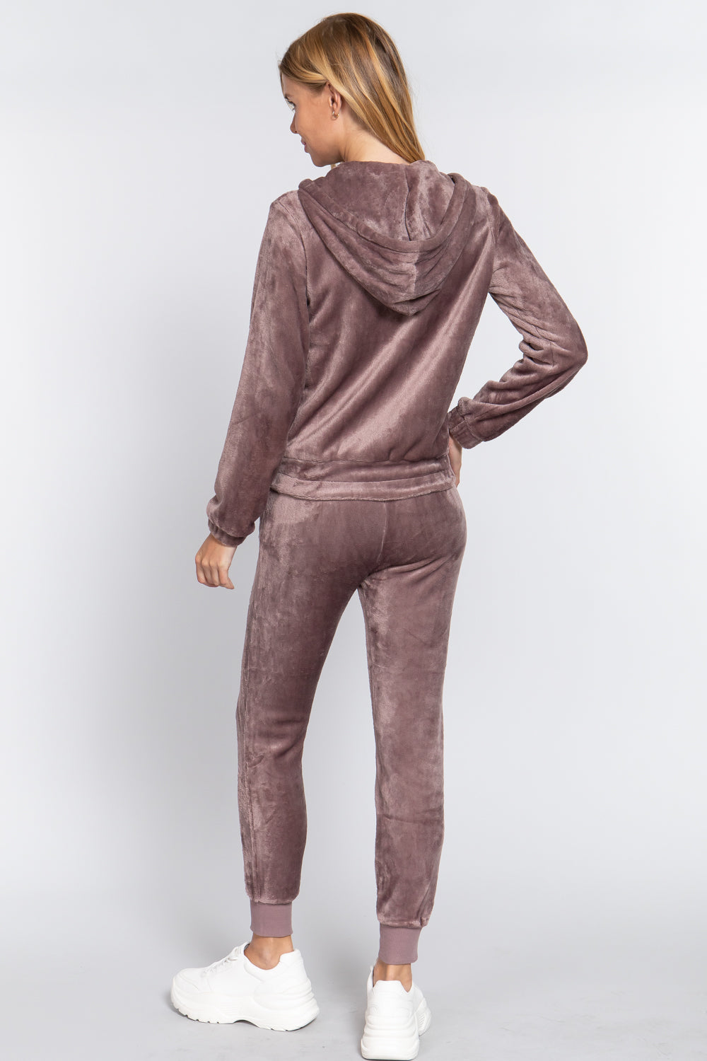 Women's Long Sleeves Hoodie Drawstring Zip-Up Faux Fur Velour Jogger Pants Set