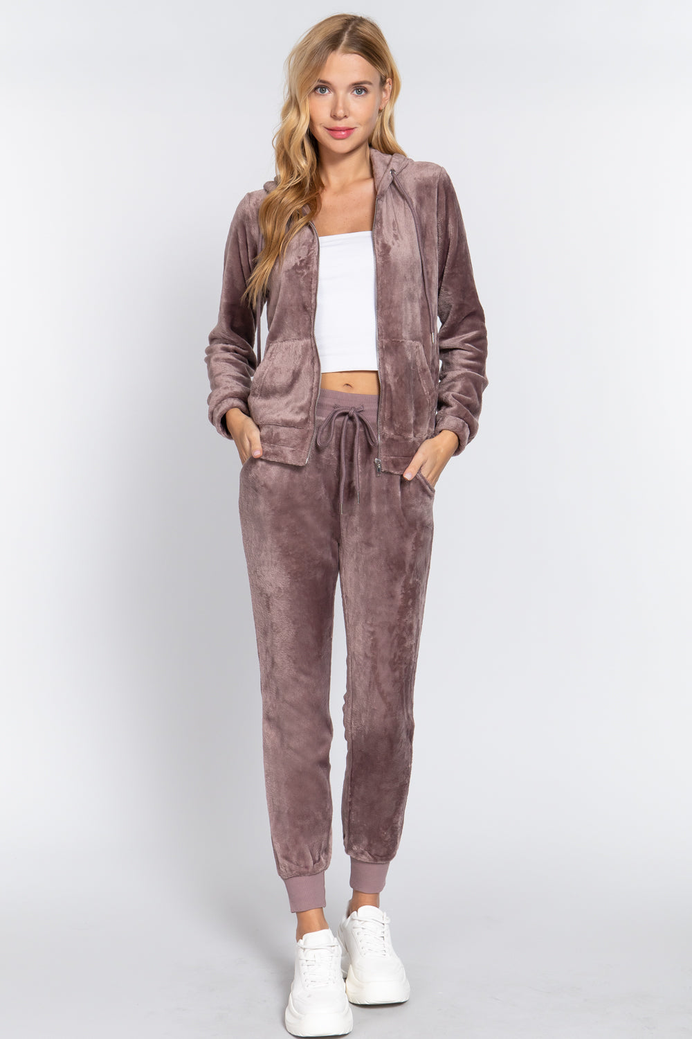 Women's Long Sleeves Hoodie Drawstring Zip-Up Faux Fur Velour Jogger Pants Set