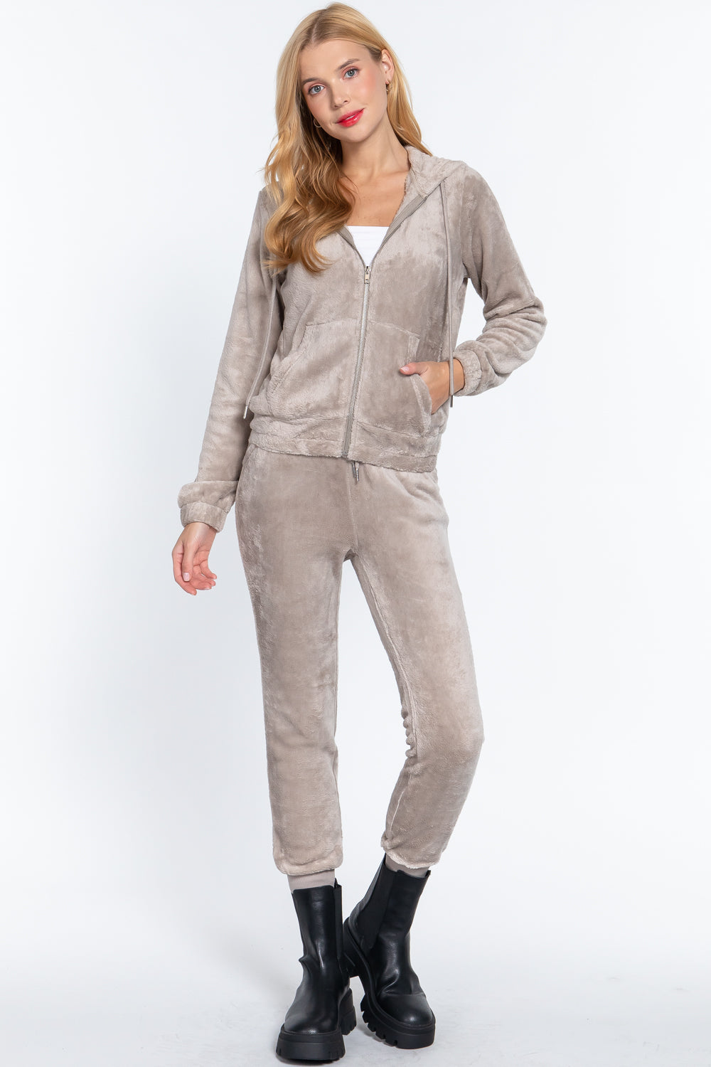 Women's Long Sleeves Hoodie Drawstring Zip-Up Faux Fur Velour Jogger Pants Set