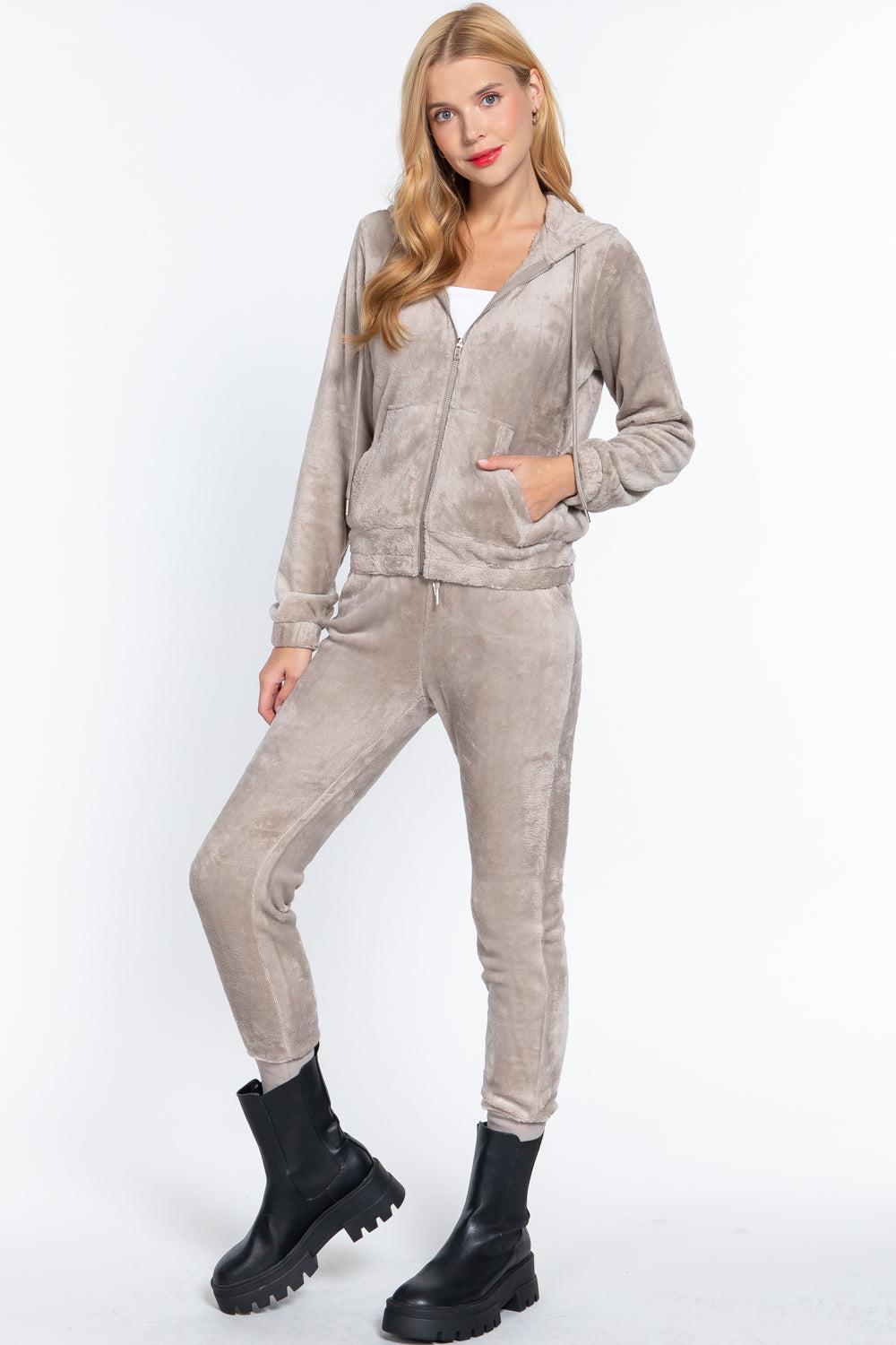 Women's Long Sleeves Hoodie Drawstring Zip-Up Faux Fur Velour Jogger Pants Set