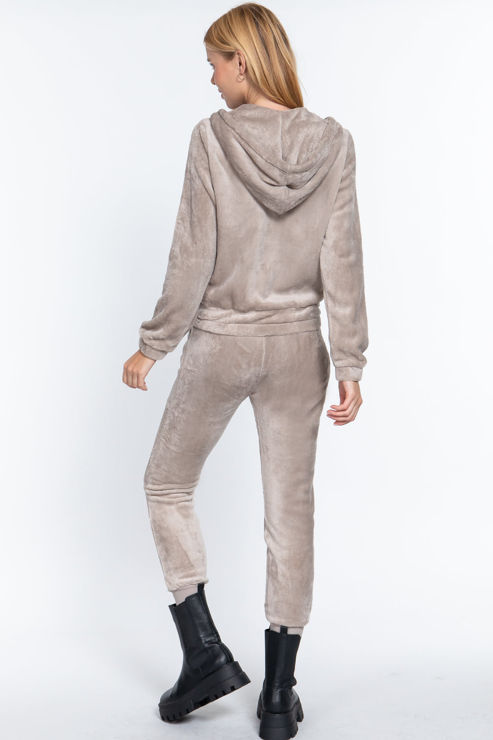 Women's Long Sleeves Hoodie Drawstring Zip-Up Faux Fur Velour Jogger Pants Set