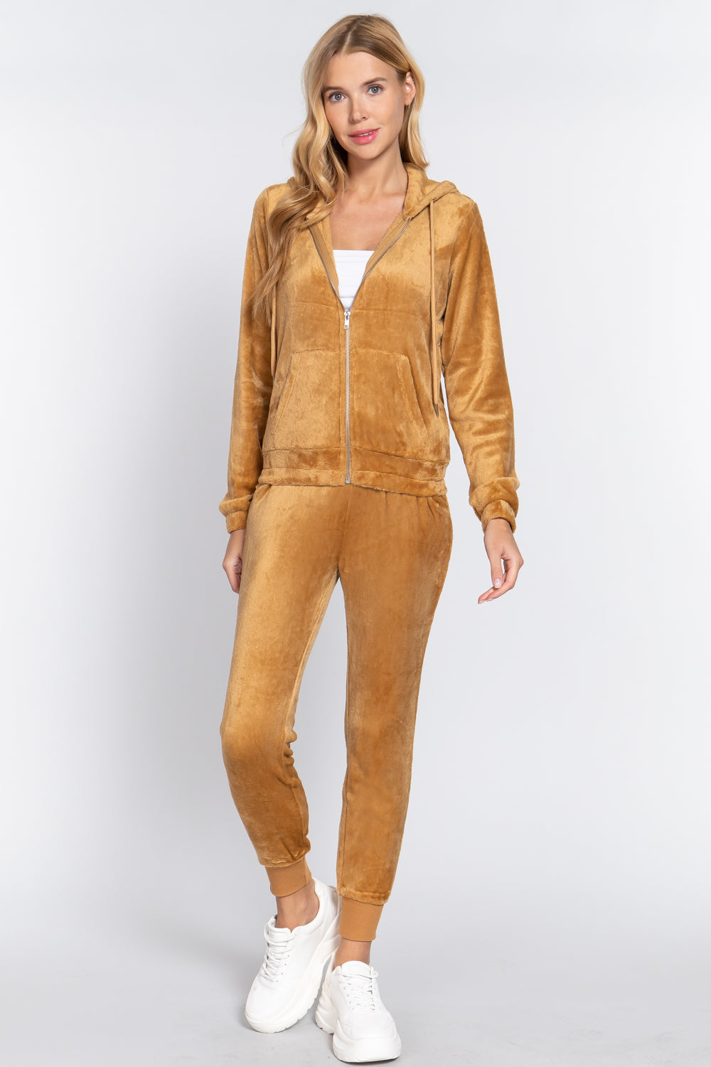 Women's Long Sleeves Hoodie Drawstring Zip-Up Faux Fur Velour Jogger Pants Set