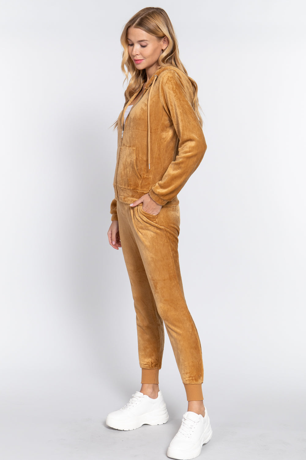 Women's Long Sleeves Hoodie Drawstring Zip-Up Faux Fur Velour Jogger Pants Set