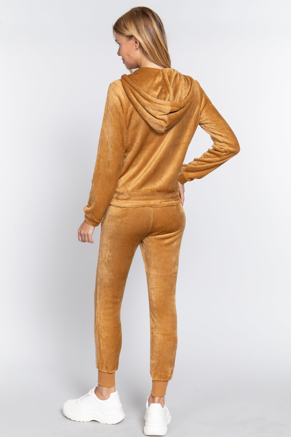 Women's Long Sleeves Hoodie Drawstring Zip-Up Faux Fur Velour Jogger Pants Set