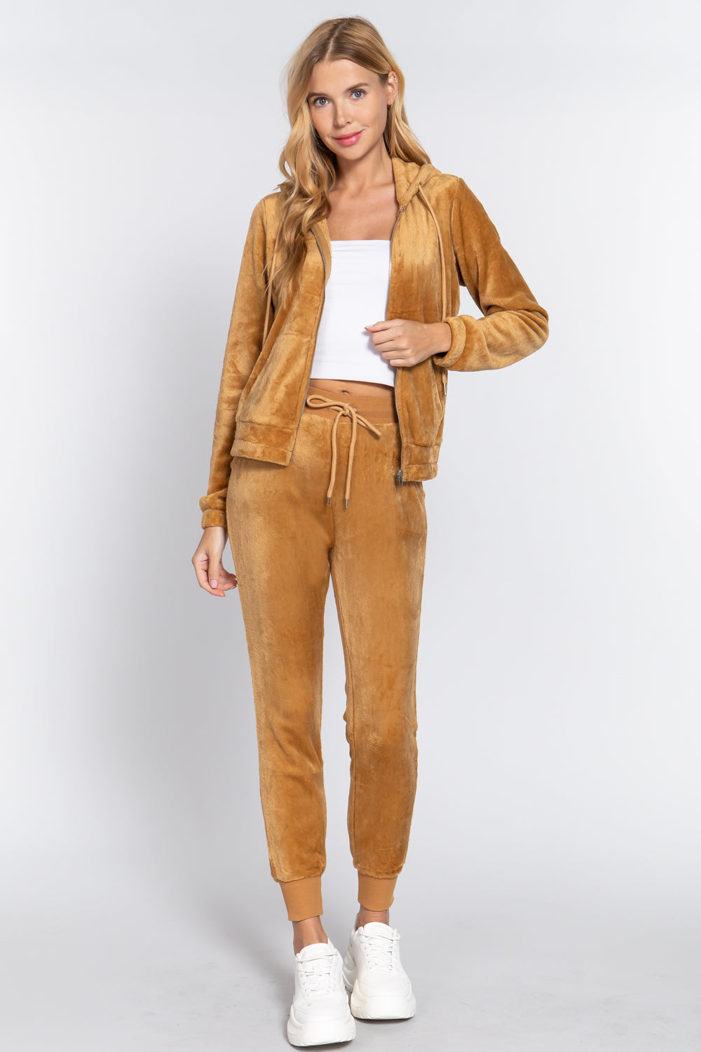 Women's Long Sleeves Hoodie Drawstring Zip-Up Faux Fur Velour Jogger Pants Set