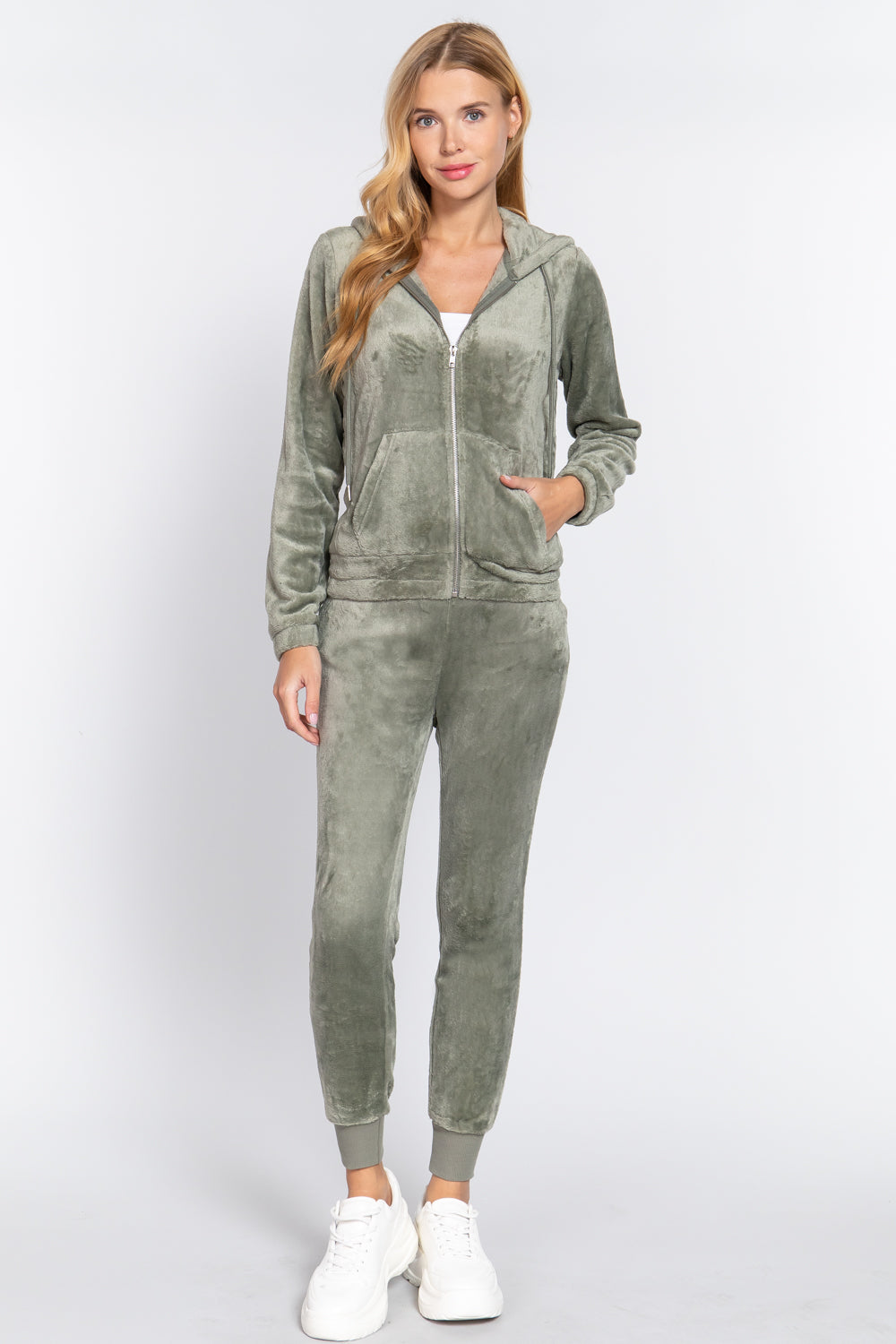 Women's Long Sleeves Hoodie Drawstring Zip-Up Faux Fur Velour Jogger Pants Set