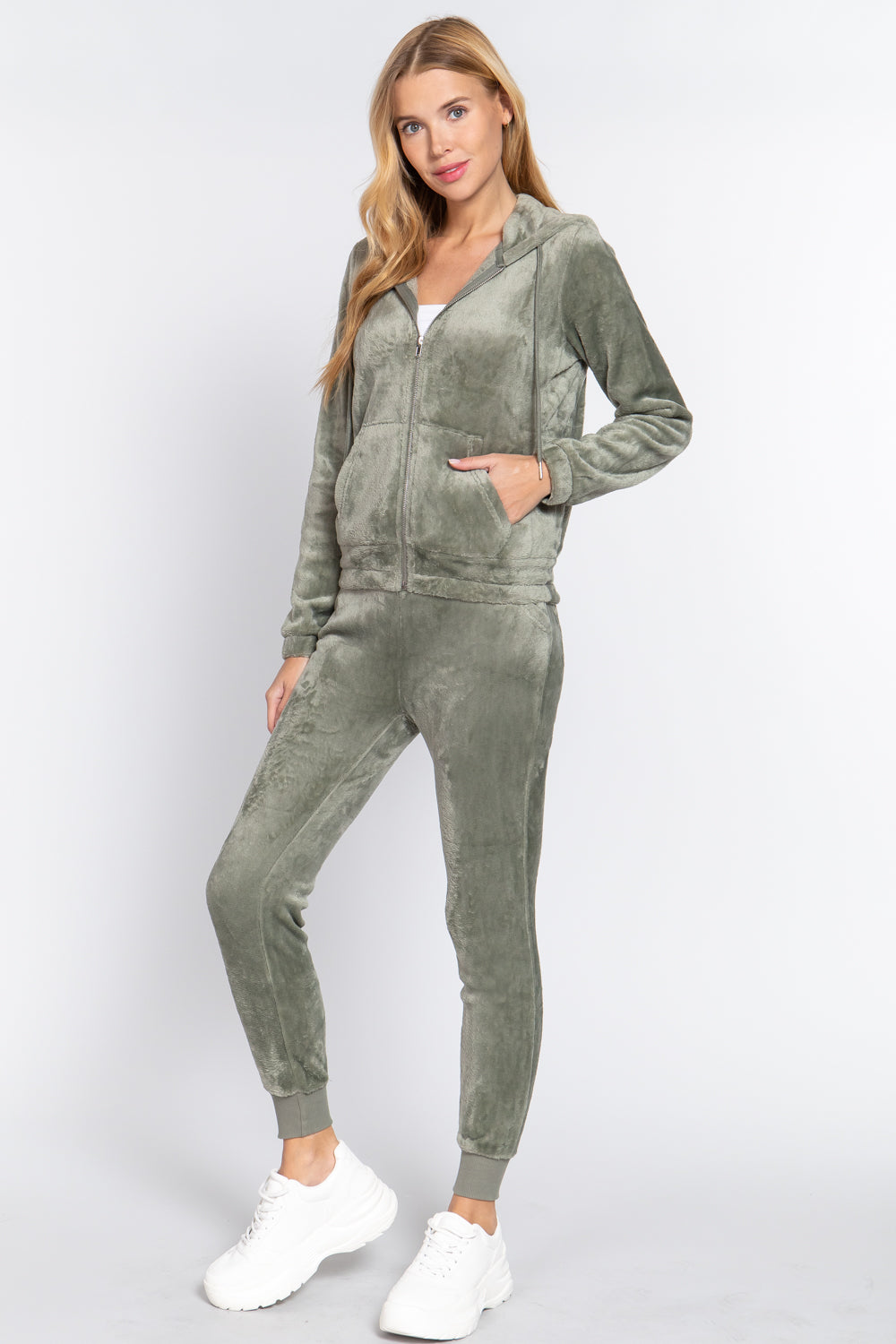 Women's Long Sleeves Hoodie Drawstring Zip-Up Faux Fur Velour Jogger Pants Set